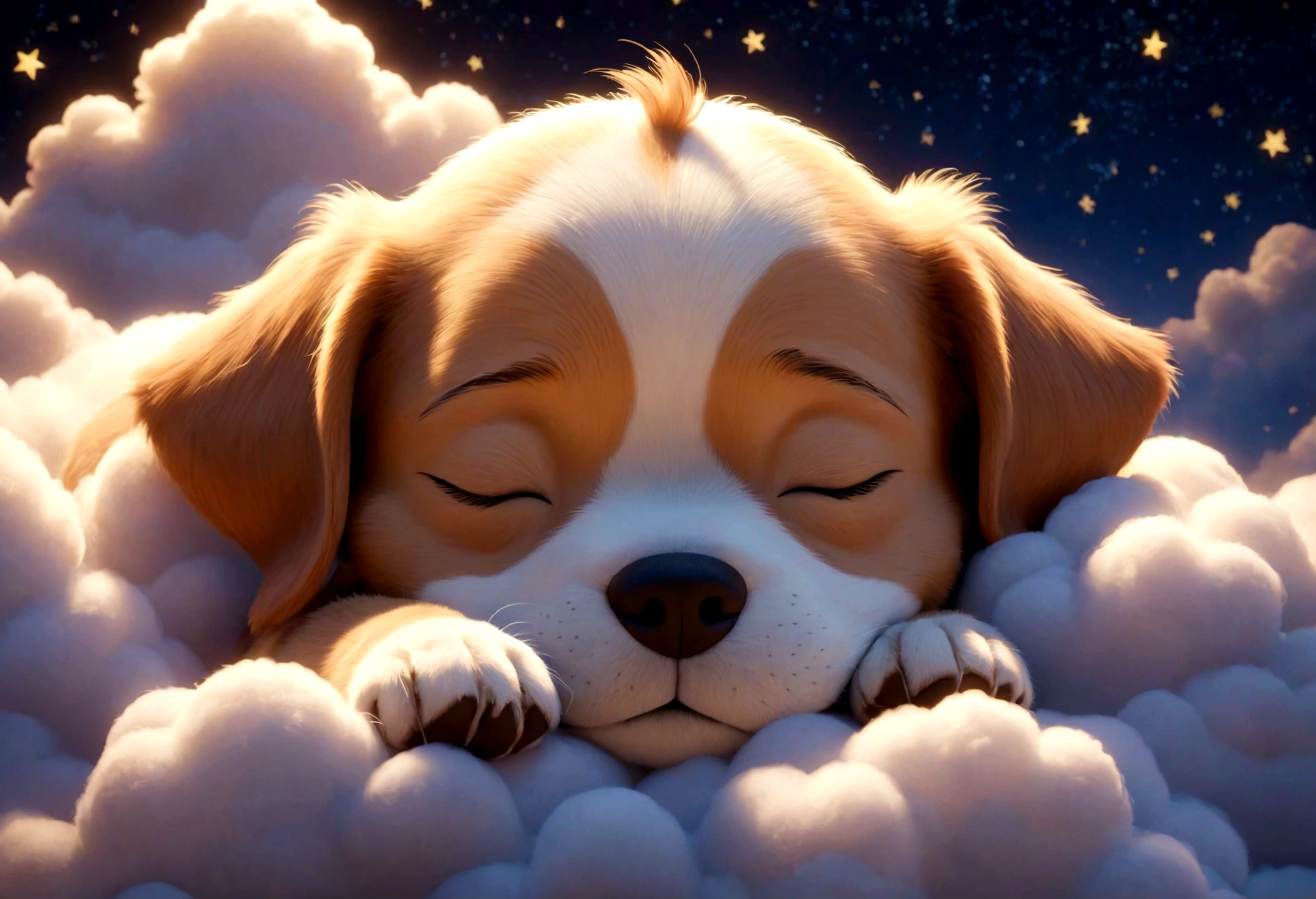 Disney Pixar cartoon character, sleeping, closed eyes, puppy, cute sleeping,sleeping, in magical illuminated clouds, background with stars, magical glow, unreal engine rendering, 8k