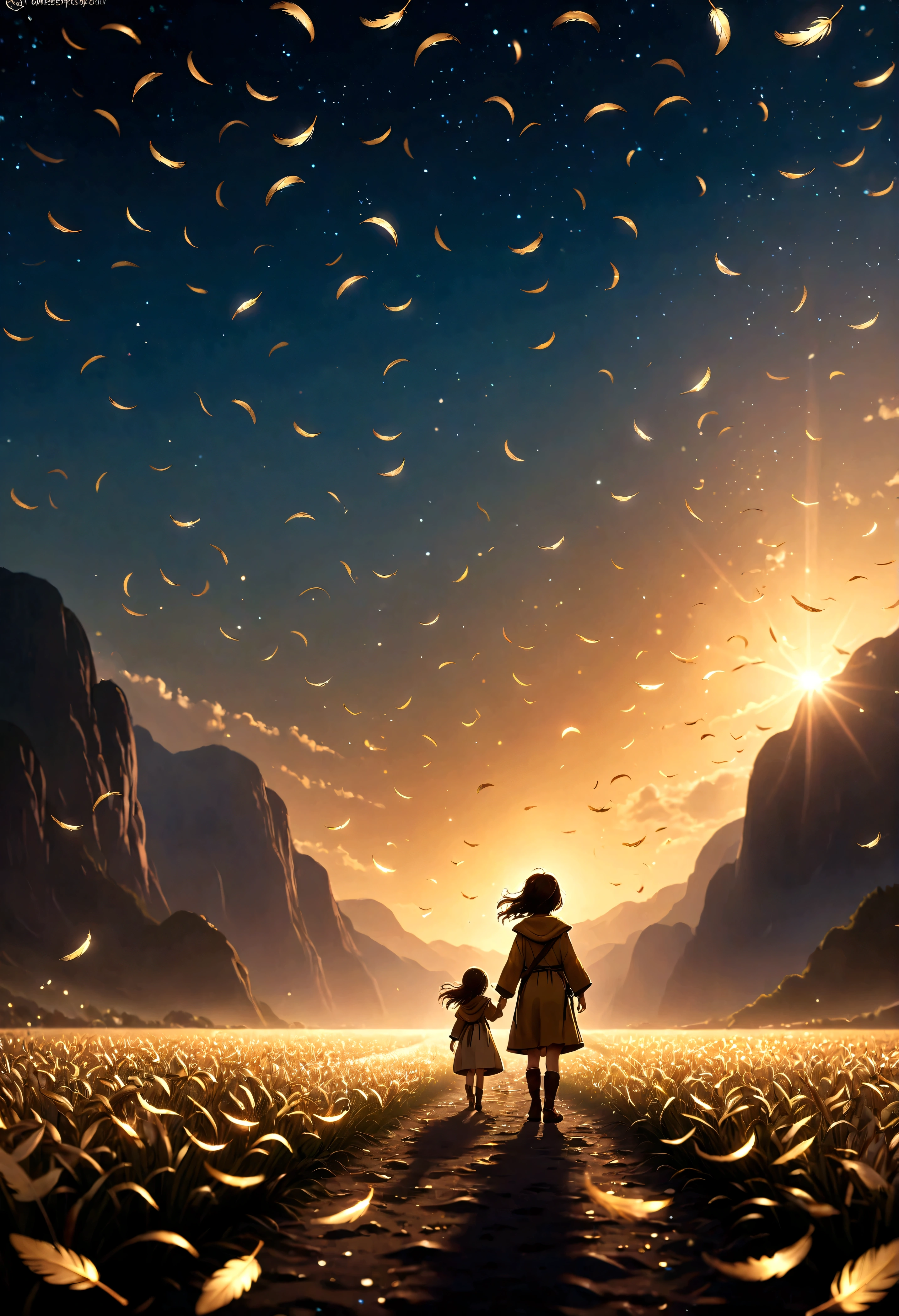 ((Masterpiece in maximum 16K resolution):1.6),((soft_color_photograpy:)1.5), ((Ultra-Detailed):1.4),((Movie-like still images and dynamic angles):1.3),((Wide cinematic lens):1.1). | ((Wide Cinematic shot of small golden feathers floating high in the sky):1.2), ((small golden feathers):1.1), ((floating feathers high in the sky):1.3), (wide cinematic lens), (tyndall effect), (a lot of feathers), (majestic sky), (magical atmosphere), (shimmer), (visual experience) ,(Realism), (Realistic),award-winning graphics, dark shot, film grain, extremely detailed, Digital Art, rtx, Unreal Engine, scene concept anti glare effect, All captured with sharp focus. | Rendered in ultra-high definition with UHD and retina quality, this masterpiece ensures anatomical correctness and textured skin with super detail. With a focus on high quality and accuracy, this award-winning portrayal captures every nuance in stunning 16k resolution, immersing viewers in its lifelike depiction. | ((perfect_composition, perfect_design, perfect_layout, perfect_detail, ultra_detailed)), ((enhance_all, fix_everything)), More Detail, Enhance.