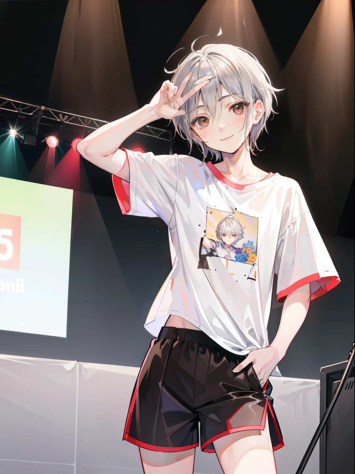 Kimishima Ikuto、Dear You、************、Beautiful Boy、boy、Beautiful boy、Silver short hair、Hair curled outward、Slanted Eyes、Brown eyes、Perfect Anatomy、on stage、Spotlight、whole body、Thighs、Wink、Cute Smile、Shorts、Plain white T-shirt