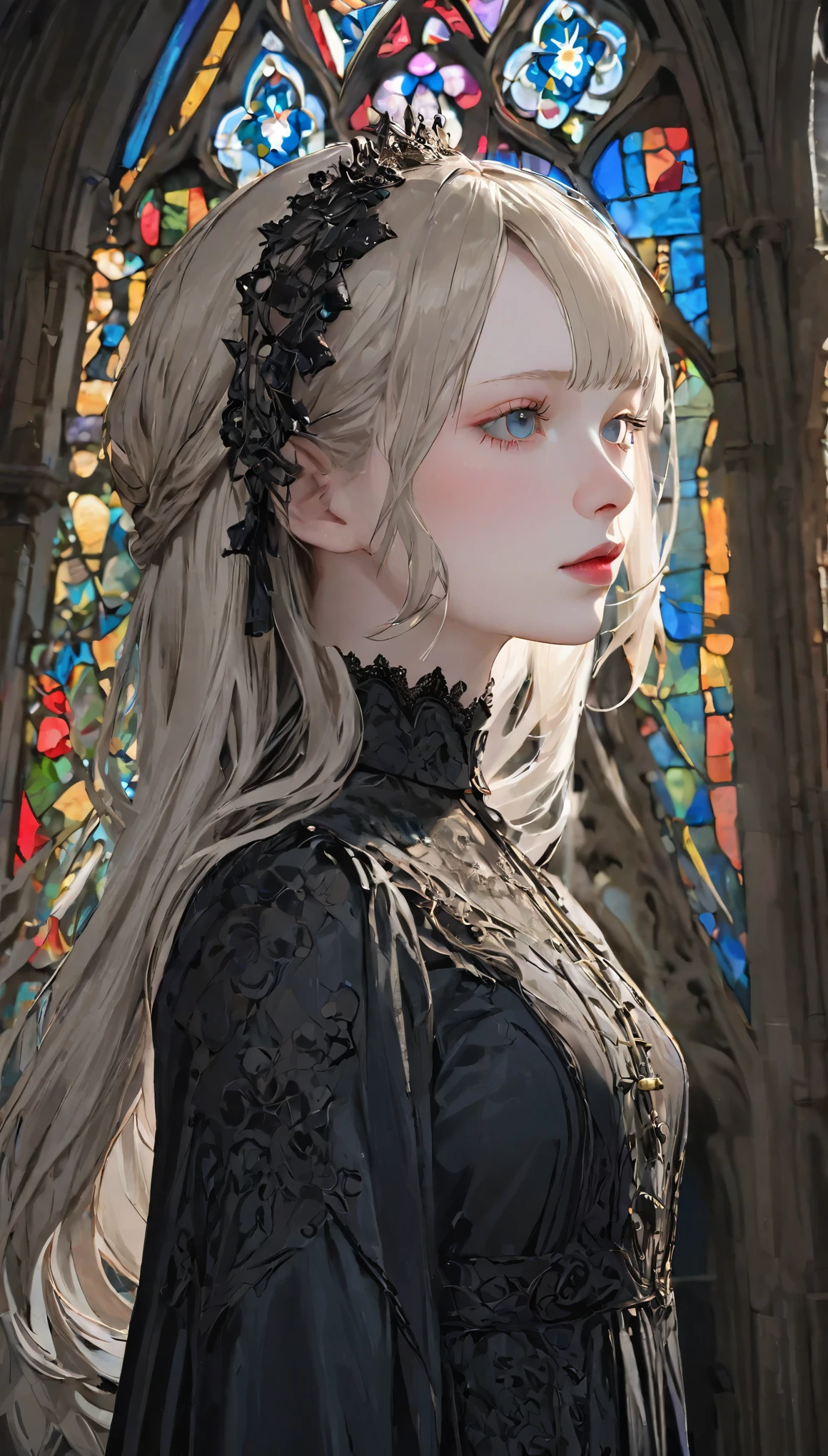 (UHigh resolution, retina, masterpiece, Accurate, Anatomically correct, Textured skin, Very detailed, Attention to detail, high quality, 最high quality, High resolution, 1080p, High resolution, 4K, 8k, 16k), (Beautiful details, Beautiful lip detail, Very detailedな目と顔), Studio Lighting, Physically Based Rendering, Vibrant colors, (Gothic Dress), (Portraiture, Shiny Hair, Shiny skin), [Stained Glass Windows, Bokeh], (incline one's head to the side:1.5), Eye Reflexes, (blush:1.5), (Gothic art, Pale skin, From above:1.5), Monochrome,