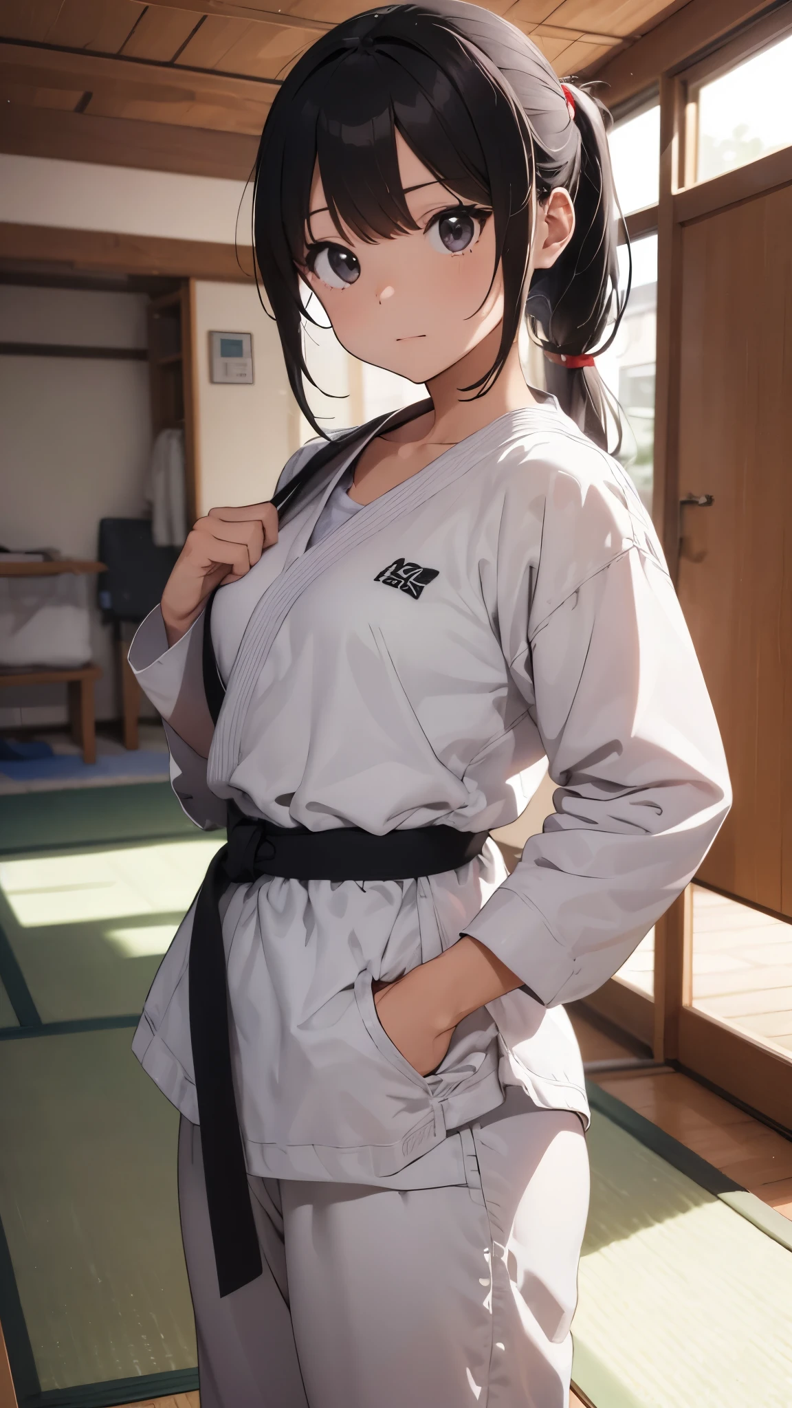 ((masterpiece, best quality, ultra-detailed, very fine 8KCG wallpapers)), , Slightly chubby, medium hair, black hair, ponytail, black eyes,Judo player、Long sleeve judo uniform、The bust is large、Long judo pants、Judo、Serious expression、Inside the Judo Gymnasium、、On the tatami、Fighting、Two Girls、Ready for battle、A tough fight、