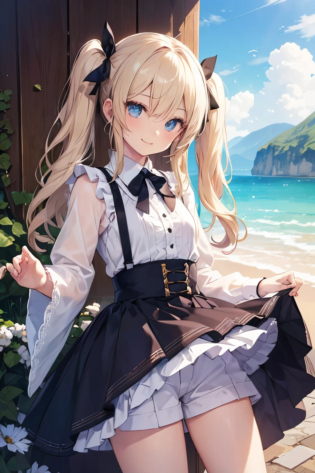 ((super masterpiece))、blonde、blue eyes、girl、Small breasts、Twin tails、girl、Small breasts、Lolita、Bright smile、Looks about 、Petan Musume、short、Eye highlights、Sexy thighs、Walking Outside、Very cute ribbon、blue sky、(Real Detail:1.5)、(( Fine Eyes, Beautiful Eyes, Perfect Eyes,Curl your eyelashes, Realistic eyes))、Your eyes are so beautiful、Highlights on both eyes