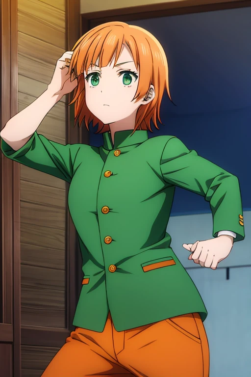 anime, detailed,short orange hair, green eyes, dark green pants, his green gakuran jacket