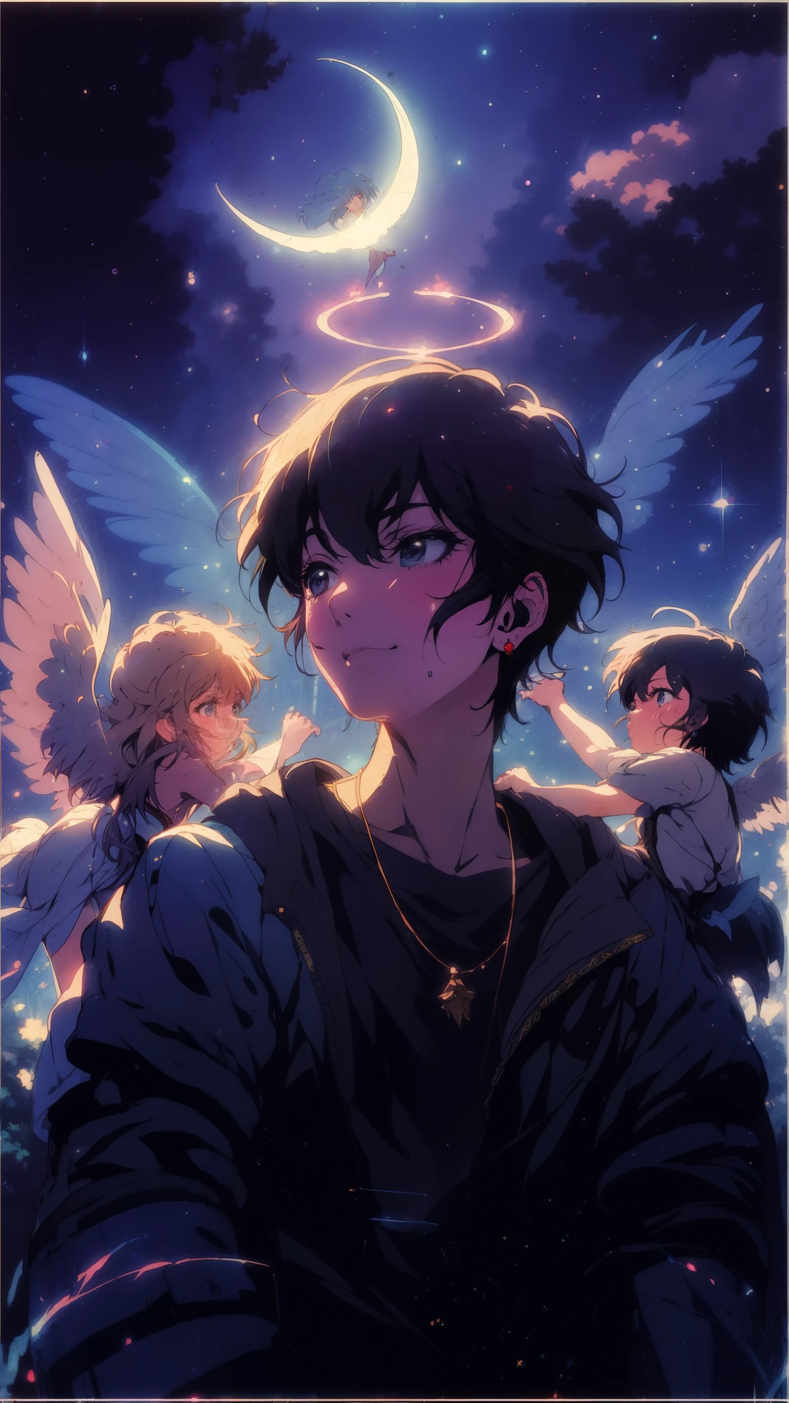 A lone teenager with kind eyes gazes up at a starry night sky. Two cherubs with iridescent wings playfully brush against his shoulders, their halos casting a warm, comforting light. The scene radiates a sense of peace and unearthly beauty, by Makoto Shinkai, infusing the scene with a sense of melancholic beauty, style art incorporating elements of Makoto Shinkai, Studio Ghibli, Genshin Impact, James Gilleard, Greg Rutkowski, Chiho Aoshima, golden ratio composition, enhanced with pixiv Fanbox trends, acrylic palette knife textures, golden ratio, trending. 