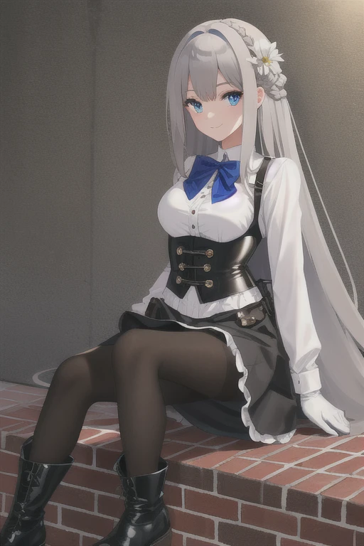 ((Best quality))), ((Ultra-detailed)), ((illustration)), ((Disheveled hair)), ((frilld)), (1 girl), (Solo),,1girl, brick_wall, flower, looking_at_viewer, solo, rating:safe, bangs, black_bow, black_footwear, black_gloves,  blue_bow, blue_shirt, blue_skirt, blunt_bangs, boots, bow, brown_legwear, brown_pantyhose, closed_mouth, clothing, corset, dress_shirt, eyebrows_visible_through_hair, female, footwear, gloves, knee_boots, legwear, long_hair, long_sleeves, miniskirt, pantyhose, shirt, sitting, skirt, smile, straight_hair, very_long_hair, blurry,
gray hair,blue_eyes,

