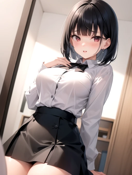 One girl, Black Hair、Short Bob,Invite your audience、high school girl、uniform、mini skirt、Long sleeve white blouse、チェック柄mini skirt、Laughing、The tips are heavy、Beautiful fingers、Full breasts、Three buttons open、Beautiful thighs、Wearing loafers、Wearing black socks、School、Skirt fluttering in the wind、masterpiece, highest quality, Very detailed