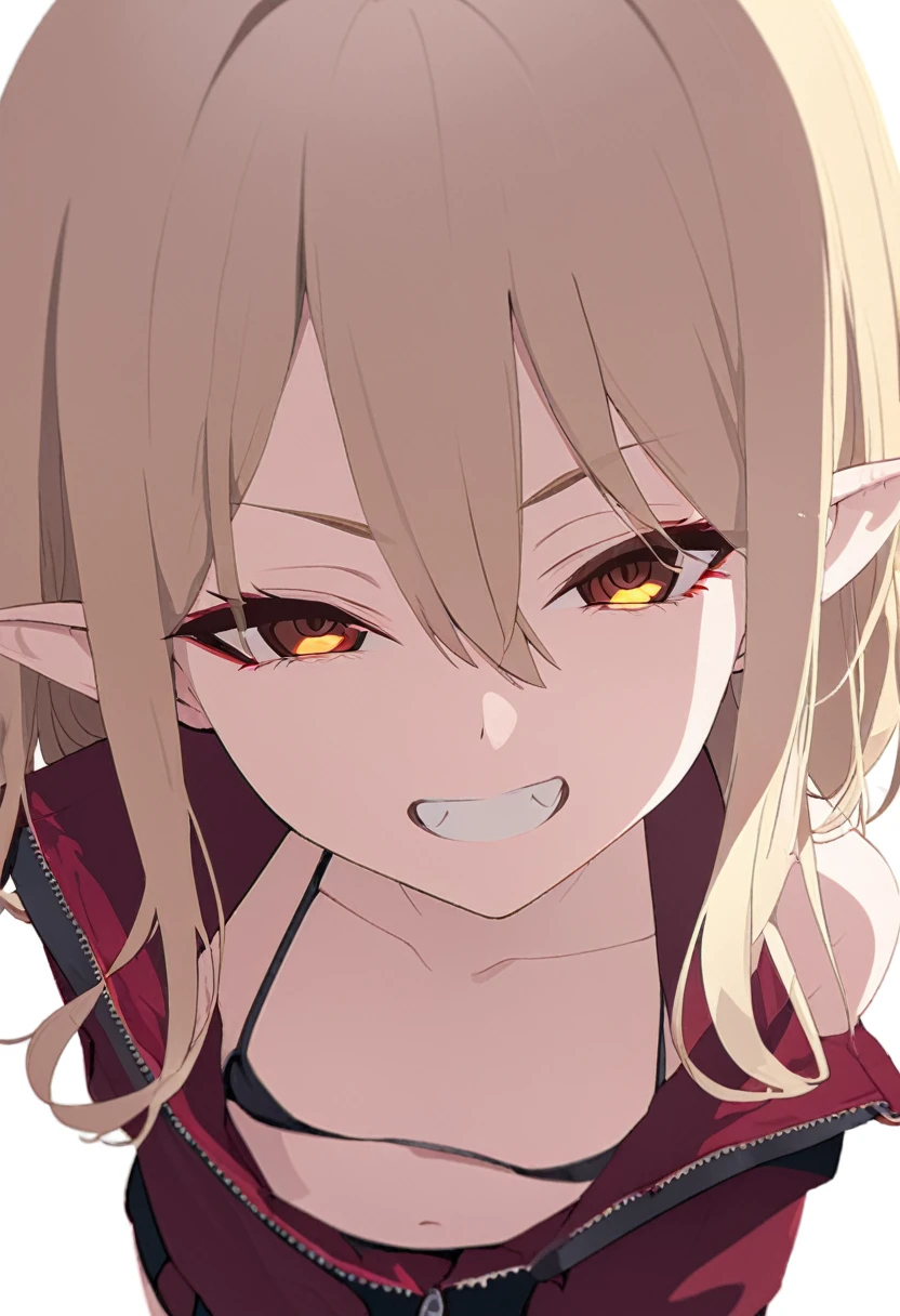 (masterpiece), (best quality), perfect face, beautiful girl, white background background, delicate and beautiful face and eyes, dark intense shadow, 
1 girl, vtuber style, cool girl, blond middle hair, blond straight hair, small ahoge, amber eyes, sharp eyes, sharp gaze, hair between eyes, yaeba, Yae Teeth, bikini, red jacket, unzipped jacket, small chest, cropped shoulders, clavicle, smile, bare feet, chest visible through clothes, (full body), looking at viewer, standing, white background,