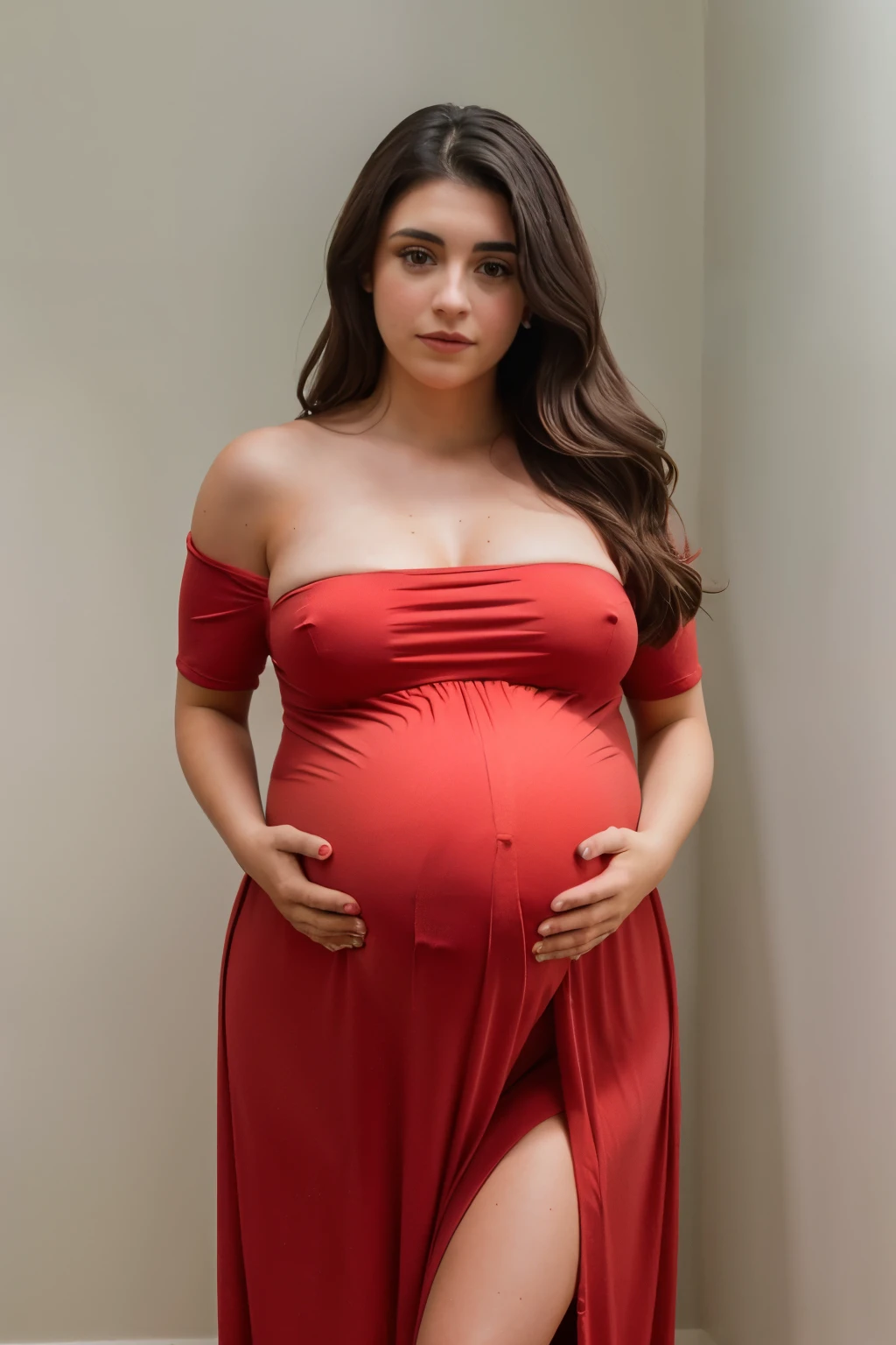 RAW photo of daniboba, huge , saggy breastsgnant)),red high-neck dress, neutral background, 8k uhd, dslr, soft lighting, high quality, film grain, Fujifilm XT3,