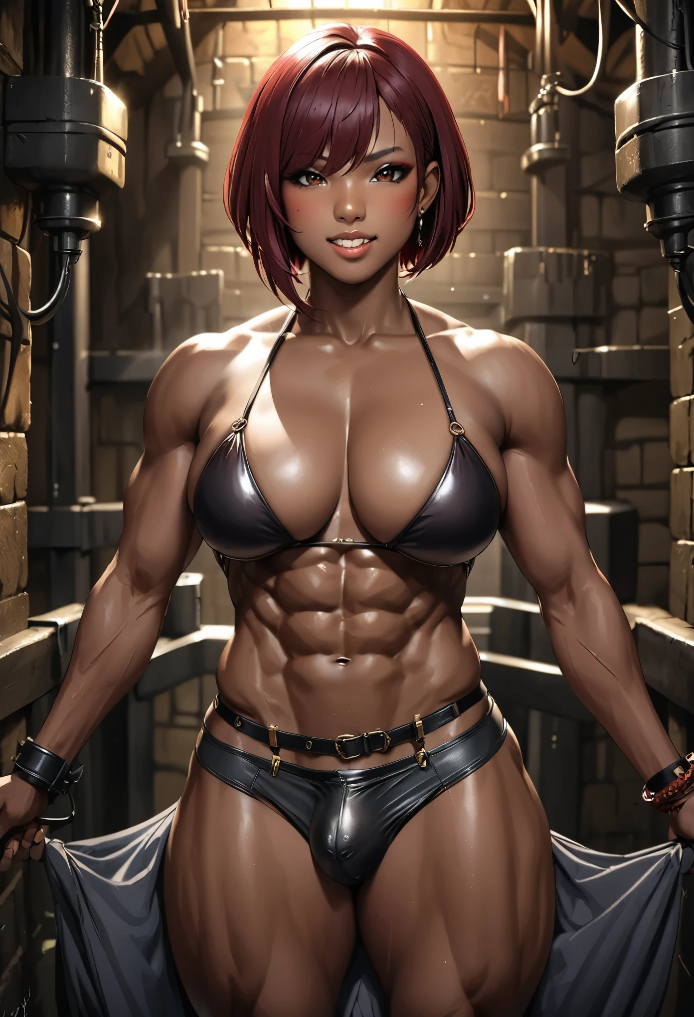 high quality, detailed, Realistic, 22 years old bulky japanese shemale, (large chest), (abs:1.5), (detailed brown eyes), (dark skin), (bikini:1.3), dark red short hair, (bulge:1.4), (grin:0.8), dungeon,