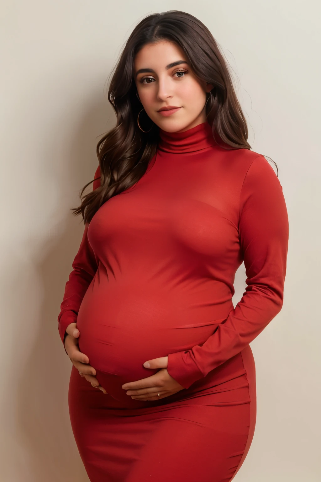 RAW photo of daniboba, huge breasts, saggy breasts, ((pregnant)),red high-neck dress, neutral background, 8k uhd, dslr, soft lighting, high quality, film grain, Fujifilm XT3,