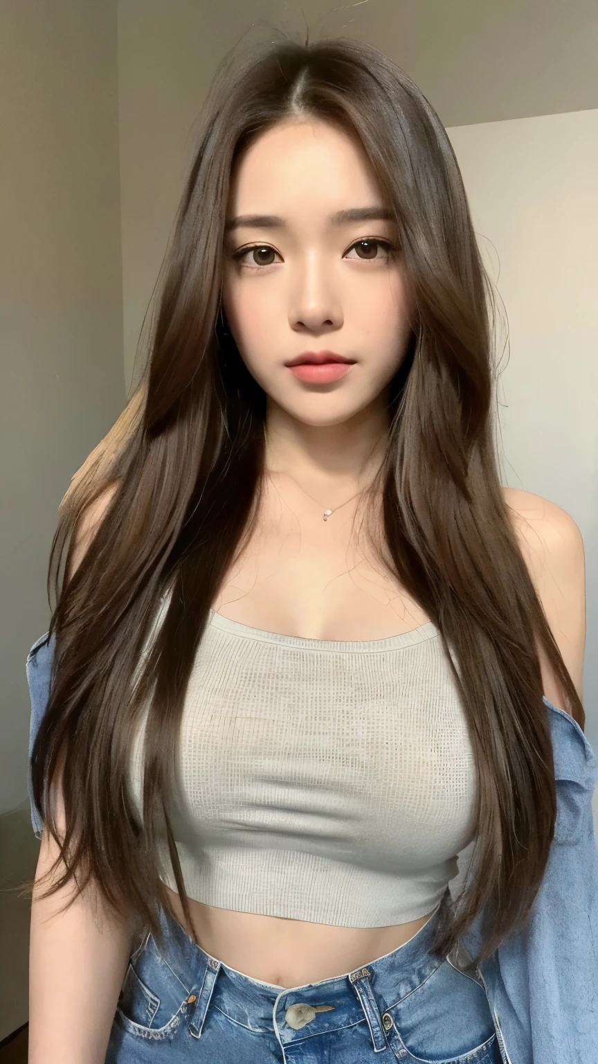 (Natural, high resolution:1.3), 1 chica con un cuerpo perfecto, Super fine face and eyes.,pelo largo, Camiseta sin mangas de colores aleatorios.:1.2, Jeans cortos, tetas grandes,exponer escote y que se le marcen los