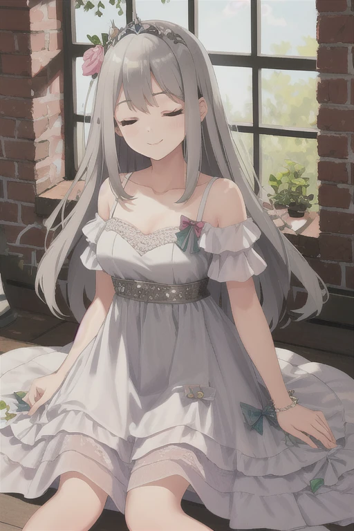 ((Best quality))), ((Ultra-detailed)), ((illustration)), ((Disheveled hair)), ((frilld)), (1 girl), (Solo),,1girl,bangs,blurry,bow,brick_wall,closed_eyes,closed_mouth,collarbone,dress,hair_flaps,indoors,long_hair,photo_(medium),smile,solo,white_dress,rating:safe,Princess_dress,
gray hair,

