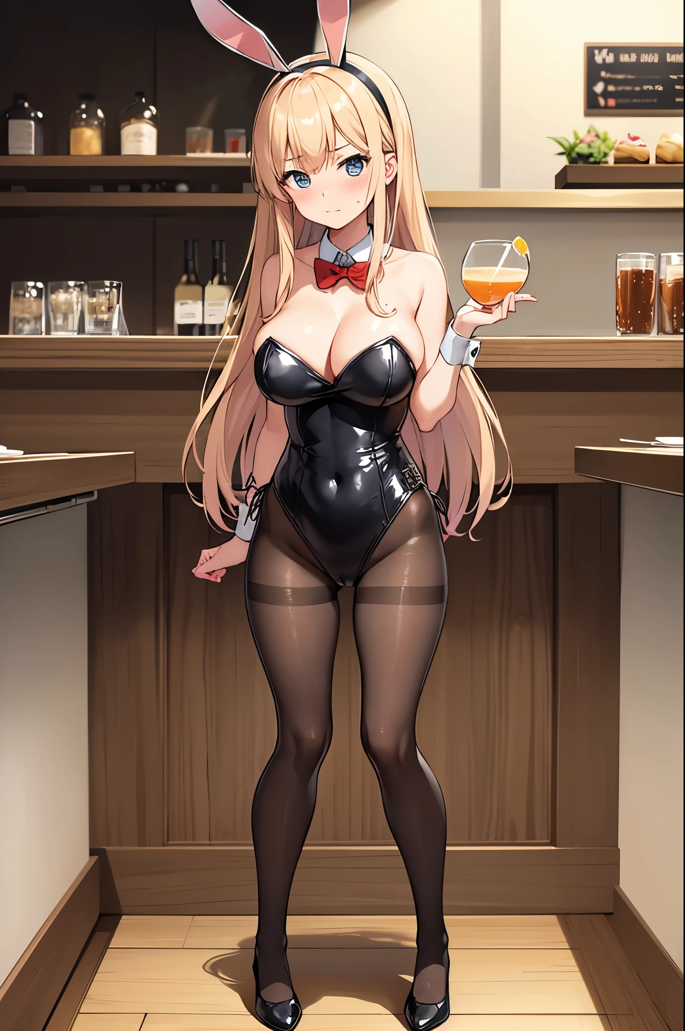 masterpiece, best quality, 1girl, solo, kirisu mafuyu, looking at viewer, annoyed, closed mouth, blush, embarrassed, large breasts, playboy bunny, rabbit ears, black pantyhose, red bowtie, wrist cuffs, black leotard, holding tray, foods, drinks, standing, cafe shop, restaurant, full body,
