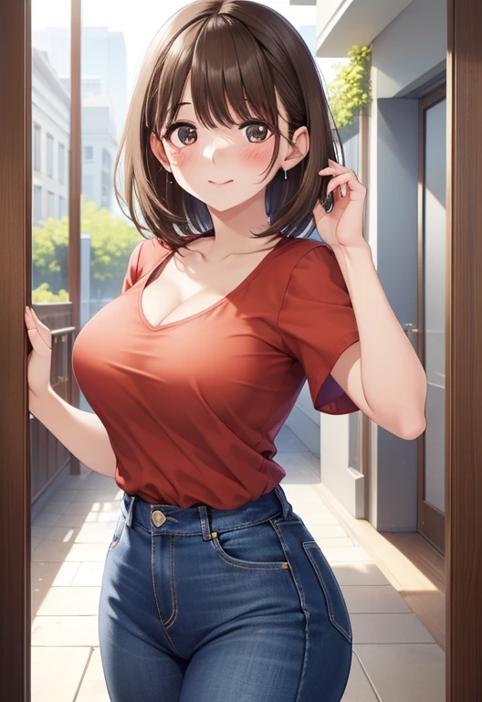 highest quality,masterpiece, High resolution,original, Beautiful detailed eyes,Super detailed, Perfect Anatomy,(highest quality、8k、32k、masterpiece、Hmph:1.2) alone, Cowboy Shot、
anegasaki nene、Shiny brown hair, short hair, Beautiful brown eyes、Dazzling Smile、Happy、Sparkling eyes, (Fine grain)、Super detailedな目、Highly detailed face, Highly detailed eyes, ((Red short sleeve crew neck shirt)),
highest quality, masterpiece, Upper Body,, short hair, Medium chest,, Sunburn, Cleavage, Cleavage、Denim pants, View Viewer, mall, (blush:1.2), Happy