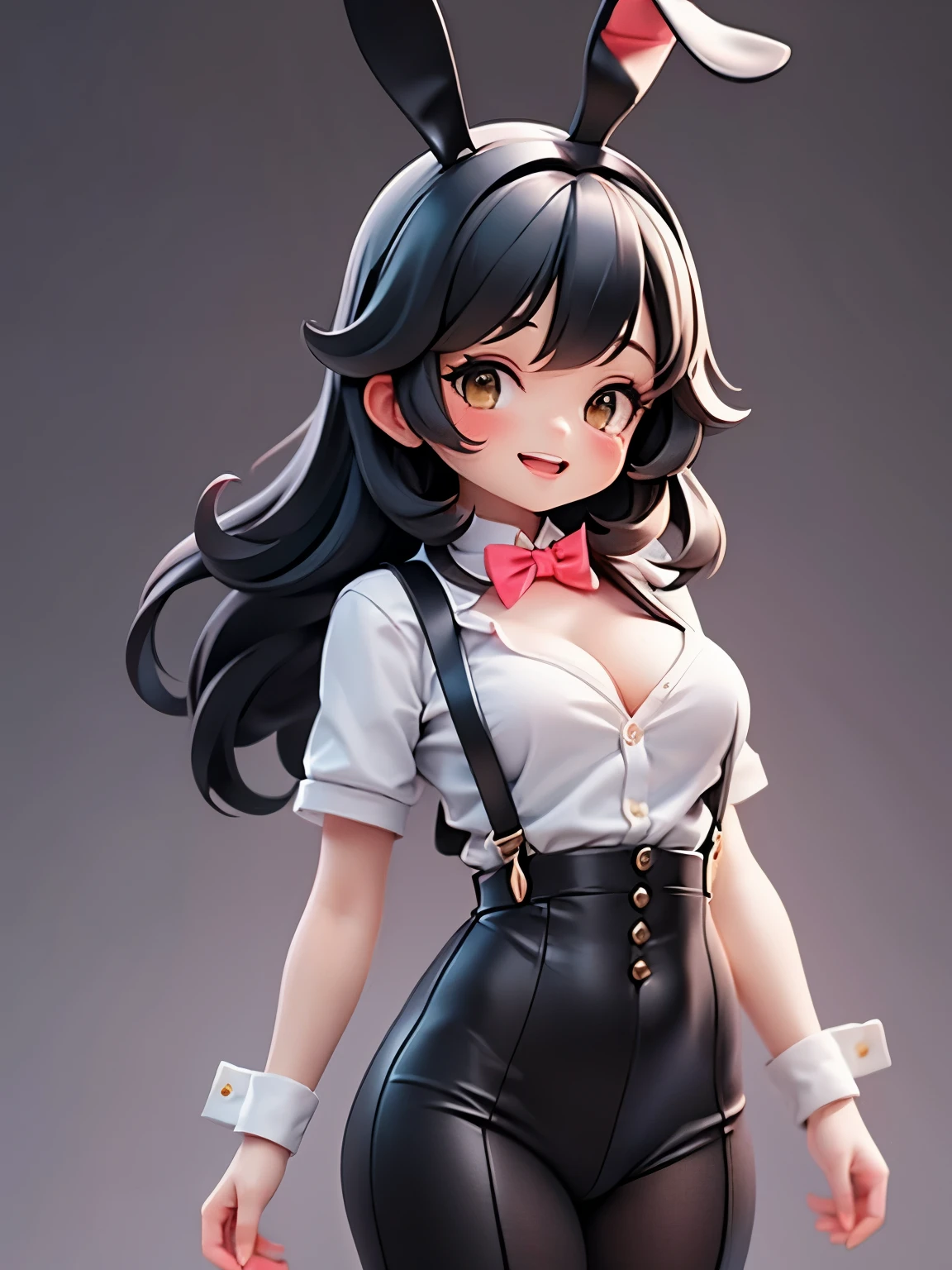 Simple background,Sexy,Bunny Girl,Lovely,Happy,medium length hair,Black Hair,Black suspenders,Cleavage
