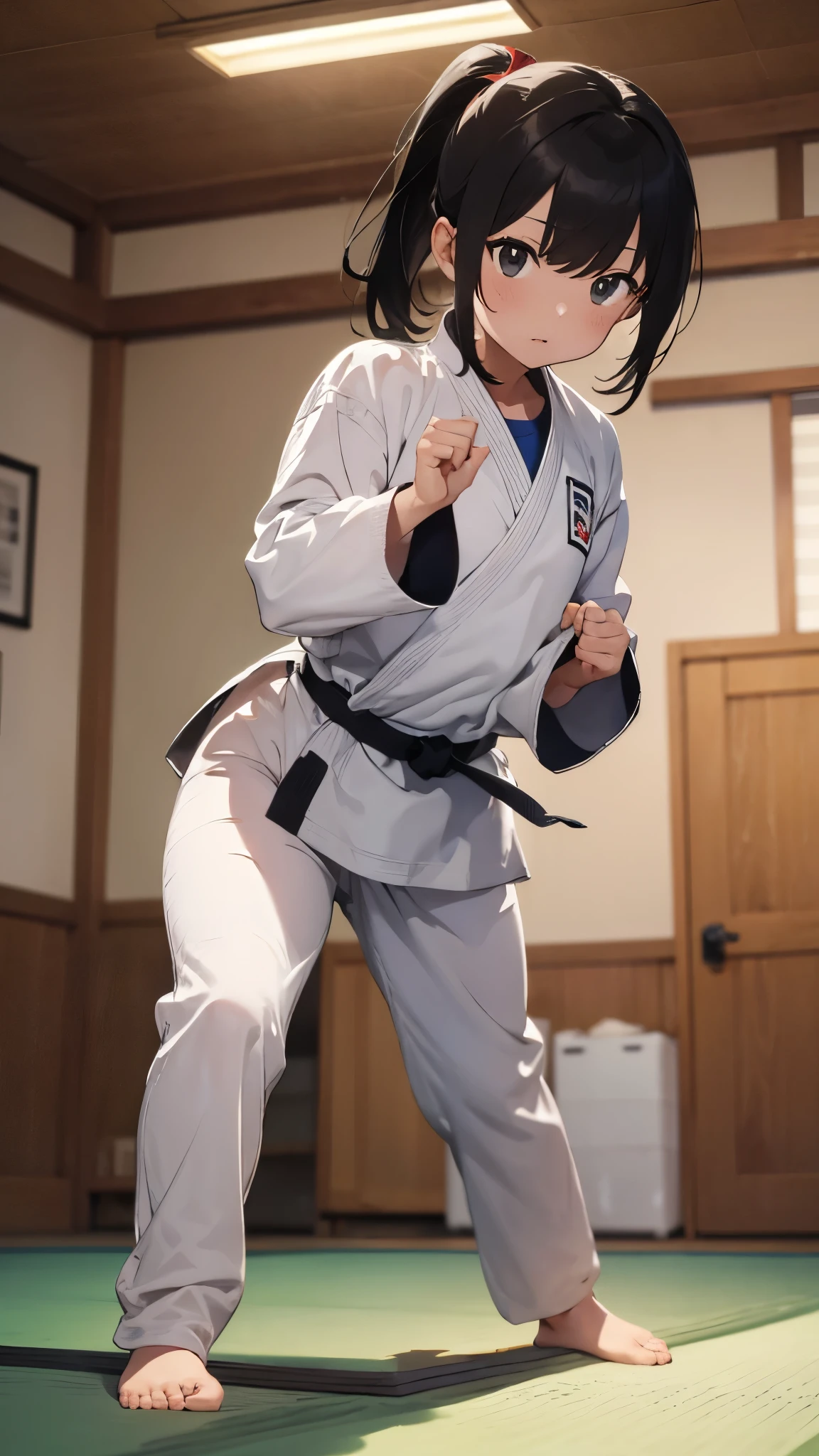 ((masterpiece, best quality, ultra-detailed, very fine 8KCG wallpapers)), , Slightly chubby, medium hair, black hair, ponytail, black eyes,Judo player、Long sleeve judo uniform、The bust is large、Long judo pants、Judo、Serious expression、Inside the Judo Gymnasium、、On the tatami、Fighting、Two Girls、Ready for battle、A tough fight、