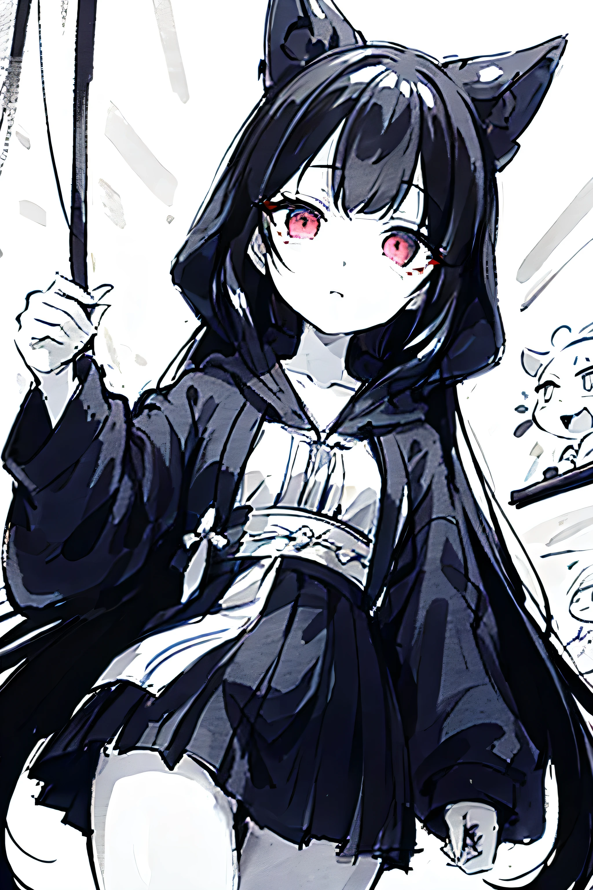 ((highest quality)), ((masterpiece)), (detailed), 4K quality、Monochrome、Black and White、Mysterious Girl、One girl,Tall girls、hoodie、mini skirt、Patterned hood、Hood worn、Bob Hair、blue eyes、Glowing Eyes、Hanging eyes、Holding a bamboo fish cake、Beautiful Face、Black Hair、Tanabata Festival Hair Ornaments、Black and White Background、Cowboy Shot、front