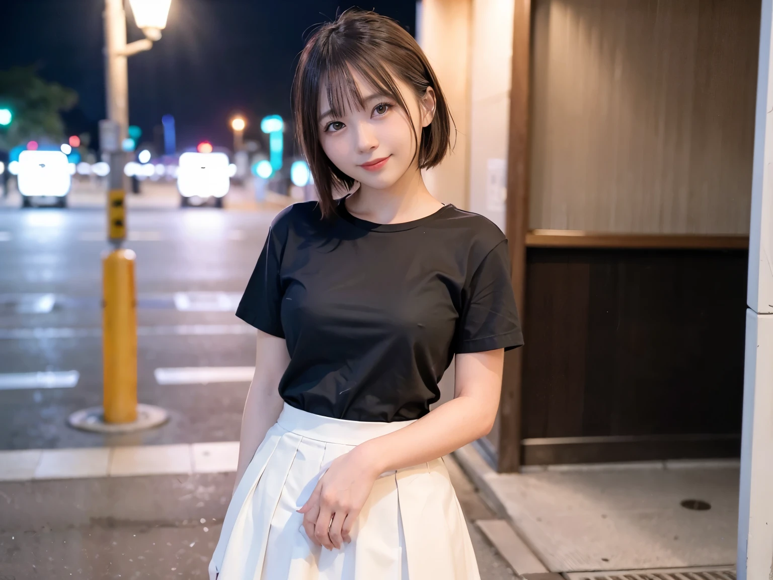 1 girl, Tokyo Street, night, Cityscape, City lights, Short-sleeved T-shirt,Pleated skirt, smile, (8k, RAW Photos, highest quality, masterpiece: 1.2), (Genuine, photoGenuine: 1.37),Short Hair、Shortcuts,smile,Idol,