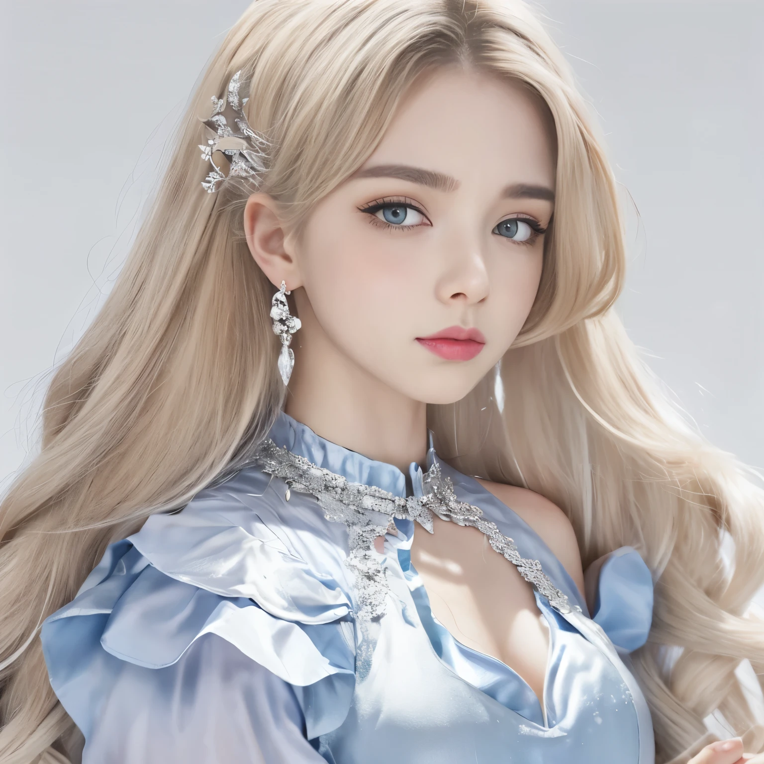 8K）、（Best image quality:1.5）、gray background、face close up、１girl、masterpiece、Delicate and sharp eyes、brown eyes、power of eyes、delicate face、cup、attractive face、platinum blonde hair、Half length wave、ライトblue wedding dress、blue wedding dress、I can see your collarbone、female、collarbone emphasis、earring、necklace