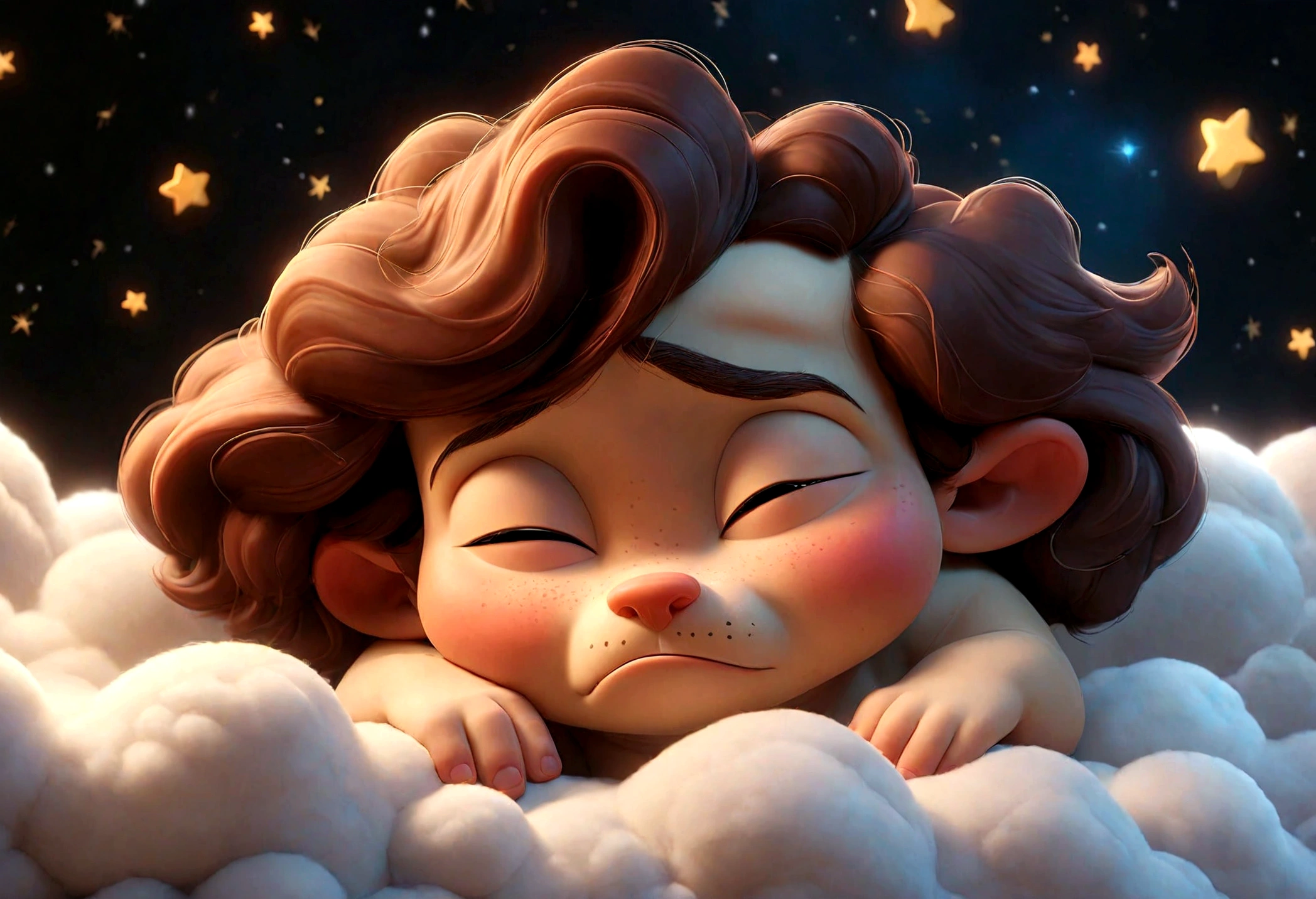 Disney Pixar cartoon character, sleeping, closed eyes, puppy, cute sleeping,sleeping, in magical illuminated clouds, background with stars, magical glow, unreal engine rendering, 8k
