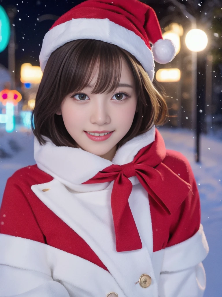 1girl, (santa claus costume slim fit:1.75), symmetry,(Cute ultra young girl:2.0),(ultra short hair:1.75), ultra big smile, (Beautiful large round droped detailed eyes:1.75), beautiful detailed lips, (extremely detailed beautiful face, natural makeup, Incredibly beautiful skin:2.0), (best quality,4k,8k,highres,masterpiece:2.0),(ultra-detailed,realistic,photorealistic,photo-realistic:1.75),professional,vivid colors,studio lighting,(snowing night town,christmas eve:1.25)