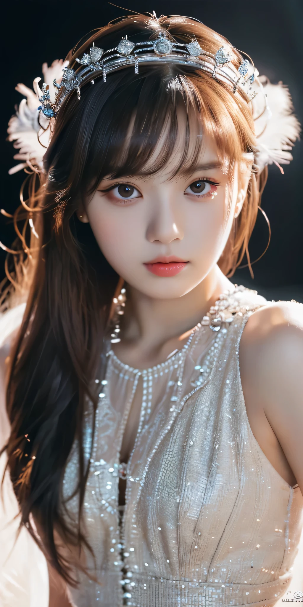 (8k, RAW photo, best quality, masterpiece:1.2), (realistic, photo-realistic:1.37), ultra-detailed, ultra high res, twtzuyu, 1 girl,looking at viewer, , ((wear crown on head)), queen, beautiful detailed eyes,  (floating hair), detailed clothes,  skin texture, cinematic lighting, professional lighting,