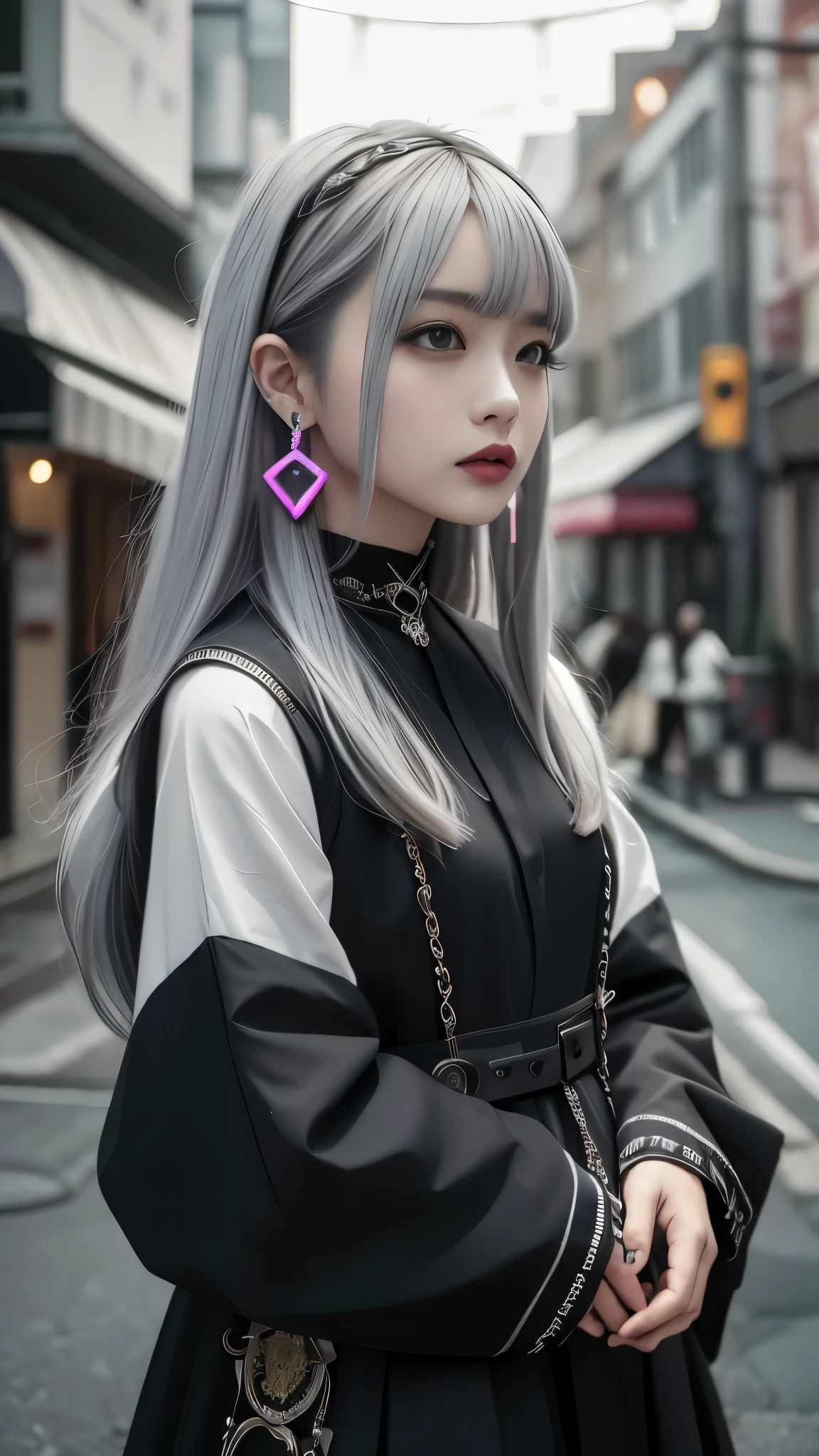 highest quality, masterpiece,Gray Hair, Silver Hair、Golden Eyes,ゴシックpunkの衣装、look up, Upper Body,Hair bundle,Fair skin,(realism:1.5、Realistic、Photorealistic)、black、Earrings、amount、Gothic Skirt、Goth_punk, One Woman、solo, ((Midnight、Neon Town)), Look at the viewers, Cute face、Portraiture, Side Lock、masterpiece、highest quality、Highest quality、Highest Resolution、Super detailed、Ultra-compact、Realistic textured face and body、Smaller breasts:1.3、Small waist、Deep red lipstick、Swollen eyes、Red eyeshadow、Dynamic Pose、Degrees of Freedom:1.8、squat、Leaning forward、