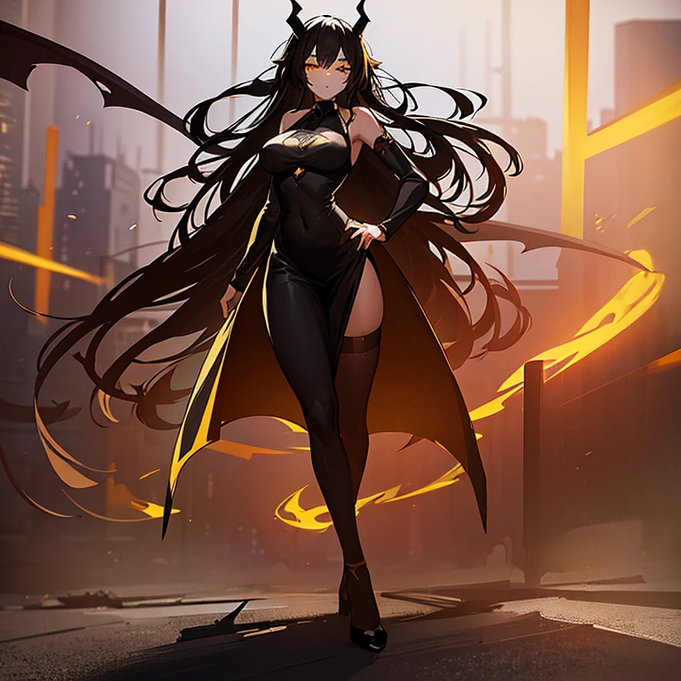 1 women, demon, beautiful, elegant, full body, long black hair, yellow eyes, two horns