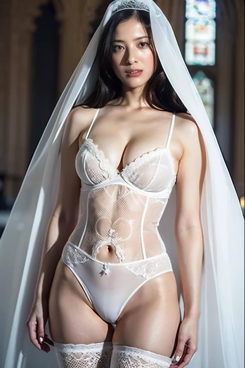 Naked Bride." shape, Big Breasts, Beautiful nipples, Perfect body, whole body , Church wedding,  (((There were many participants behind her...))).  (((white transparent wedding dress, Cape, Veil, Loose fitting white corset, Transparent Micro Panties, Transparent Micro Bra, Fishnet tights.))) . Thick pubic hair. ,(highest quality, 4K, 8k, High resolution, Tabletop:1.2), Very detailed, (Realistic, Realistic, Realistic:1.37), Royal, attractive, (Vibrant colors, Sharp Chest:1.1), Soft lighting"Writhing expression. The most beautiful woman in town.