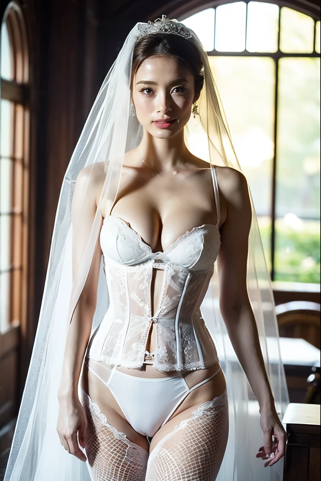 Naked Bride." shape, Big Breasts, Beautiful nipples, Perfect body, whole body , Church wedding,  (((There were many participants behind her...))).  (((white transparent wedding dress, Cape, Veil, Loose fitting white corset, Transparent Micro Panties, Transparent Micro Bra, Fishnet tights.))) . Thick pubic hair. ,(highest quality, 4K, 8k, High resolution, Tabletop:1.2), Very detailed, (Realistic, Realistic, Realistic:1.37), Royal, attractive, (Vibrant colors, Sharp Chest:1.1), Soft lighting"Writhing expression. The most beautiful woman in town.