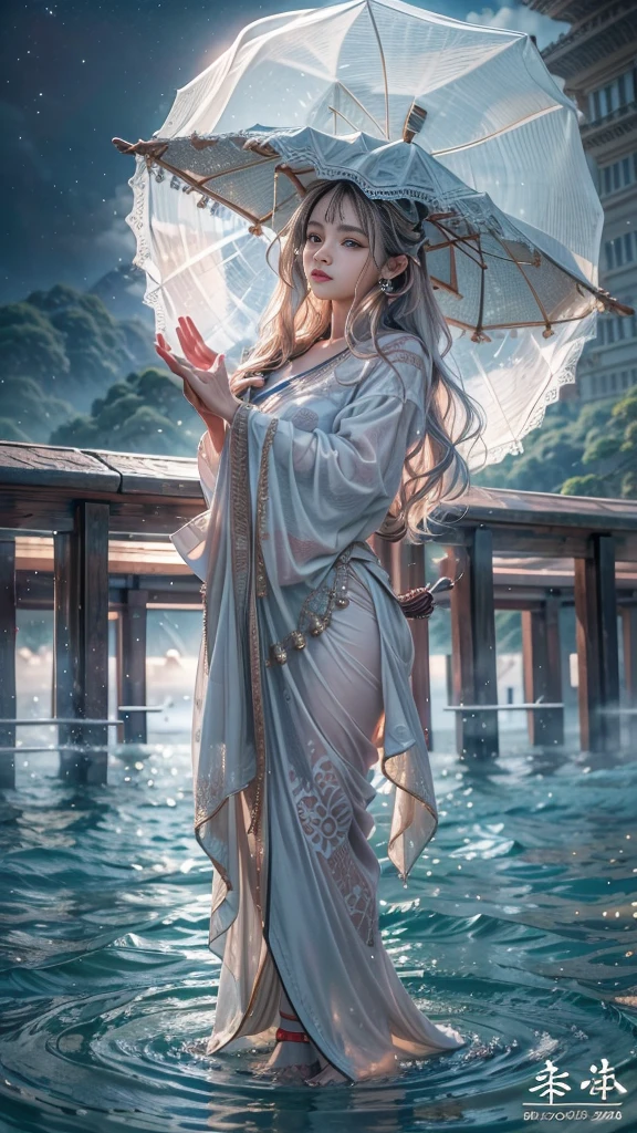 (RAW shooting, 32k:1.5, highest quality, masterpiece, Ultra-high resolution), (Night outdoors, Dramatic moonlight:0.9, Mysterious World:1.2, Expressions of sadness:1.0), Side Shot, Fractal Art:1.3, Perfect dynamic composition:1.3, Very detailedな肌と顔の質感:1.3, Dynamic flow of water waves:1.3, Dynamic air flow:1.3, The subject is observed from a distance, elegant and sophisticated:0.5, Fair skin, Incredibly slim body:0.9, Very beautiful face, Water droplets on the skin, (Yoga Wear:1.3, Zazen pose 1.3, Meditation pose:1.3), Very accurate, Very detailed, Big eyes that exude beauty, Beautiful lips, Unreal atmosphere, Earrings, bracelet