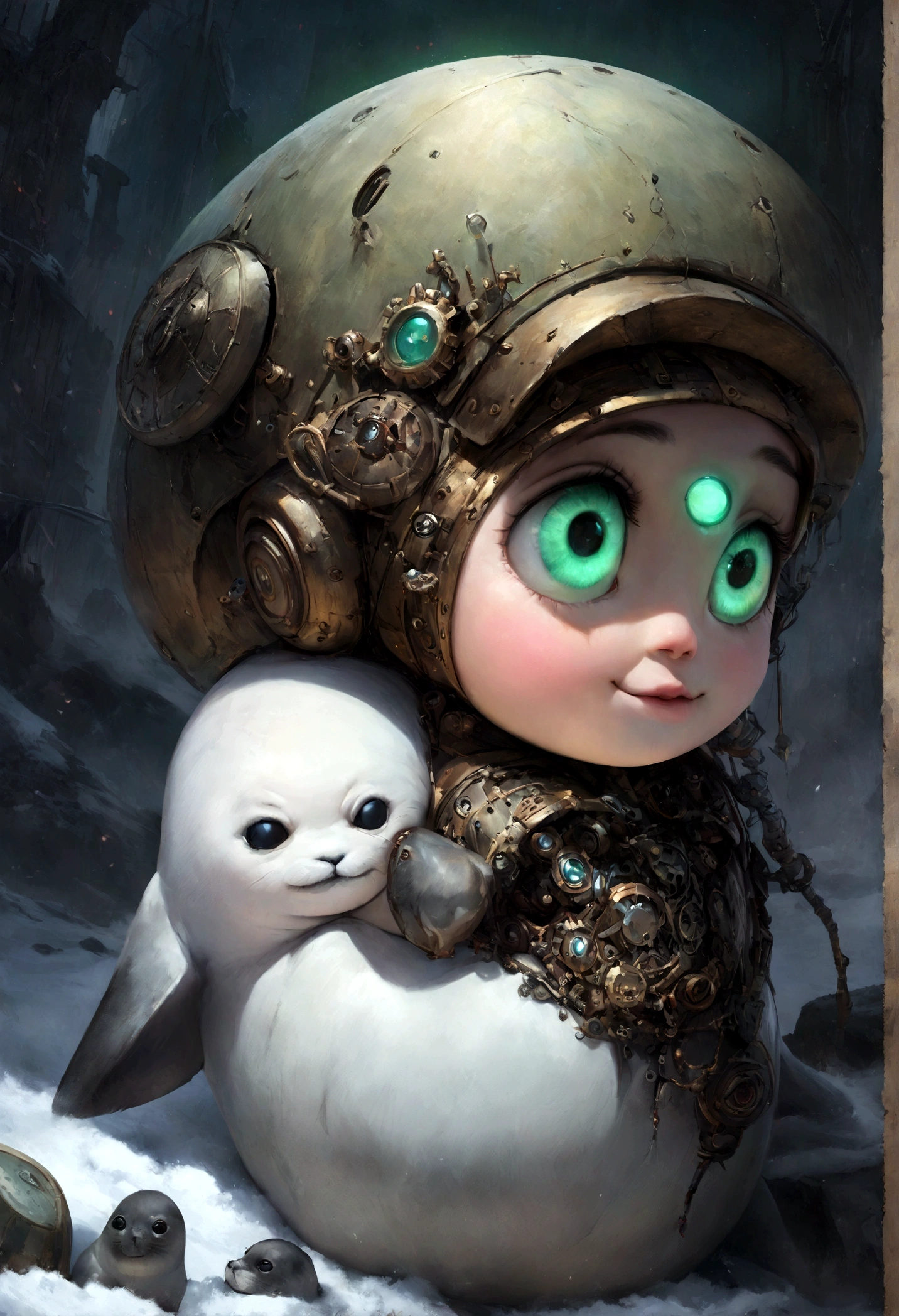 (masterpiece, highest quality: 1.2), very cute seal robot, rubrum lily, organic details, close-up view of profile, (masterpiece, highest quality: 1.2), a baby seal sitting on top of snow covered ground, by Kose Kanaoka, trending on shutterstock, conceptual art, cute face big eyes and smiley, hyperrealistic image of x, stock photo, high quality anime movie still, 10, who is born from the sea, realistic footage, close-up portrait, glowing white bright green and white, Kentaro Miura, central close-up, festival, !!Winner!!, stargazer, soft and fresh, big, seal, cyberpunk art, beeple, digital art, aetherpunk airbrush digital art, very cute seal robot, art of dark metal music, jeff soto style, steampunk world, cyberpunk garden, steampunk robot ant, art by alejandro baldizio, rough, third eye, music album art, perfect details