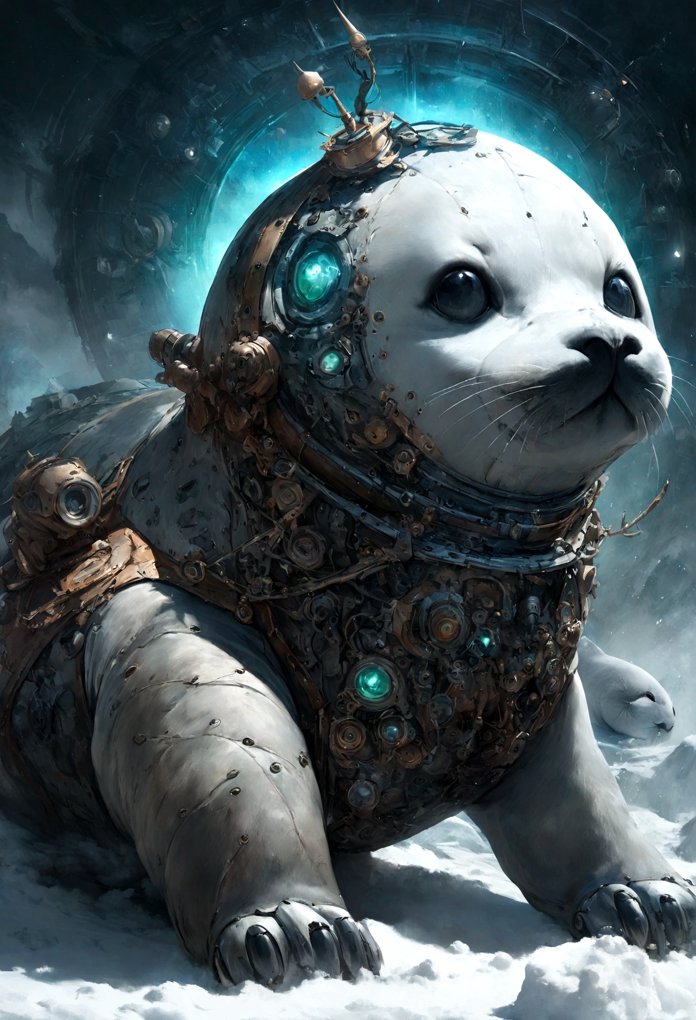 (masterpiece, highest quality: 1.2), very cute seal robot, rubrum lily, organic details, close-up view of profile, (masterpiece, highest quality: 1.2), a baby seal sitting on top of snow covered ground, by Kose Kanaoka, trending on shutterstock, conceptual art, cute face big eyes and smiley, hyperrealistic image of x, stock photo, high quality anime movie still, 10, who is born from the sea, realistic footage, close-up portrait, glowing white bright green and white, Kentaro Miura, central close-up, festival, !!Winner!!, stargazer, soft and fresh, big, seal, cyberpunk art, beeple, digital art, aetherpunk airbrush digital art, very cute seal robot, art of dark metal music, jeff soto style, steampunk world, cyberpunk garden, steampunk robot ant, art by alejandro baldizio, rough, third eye, music album art, perfect details