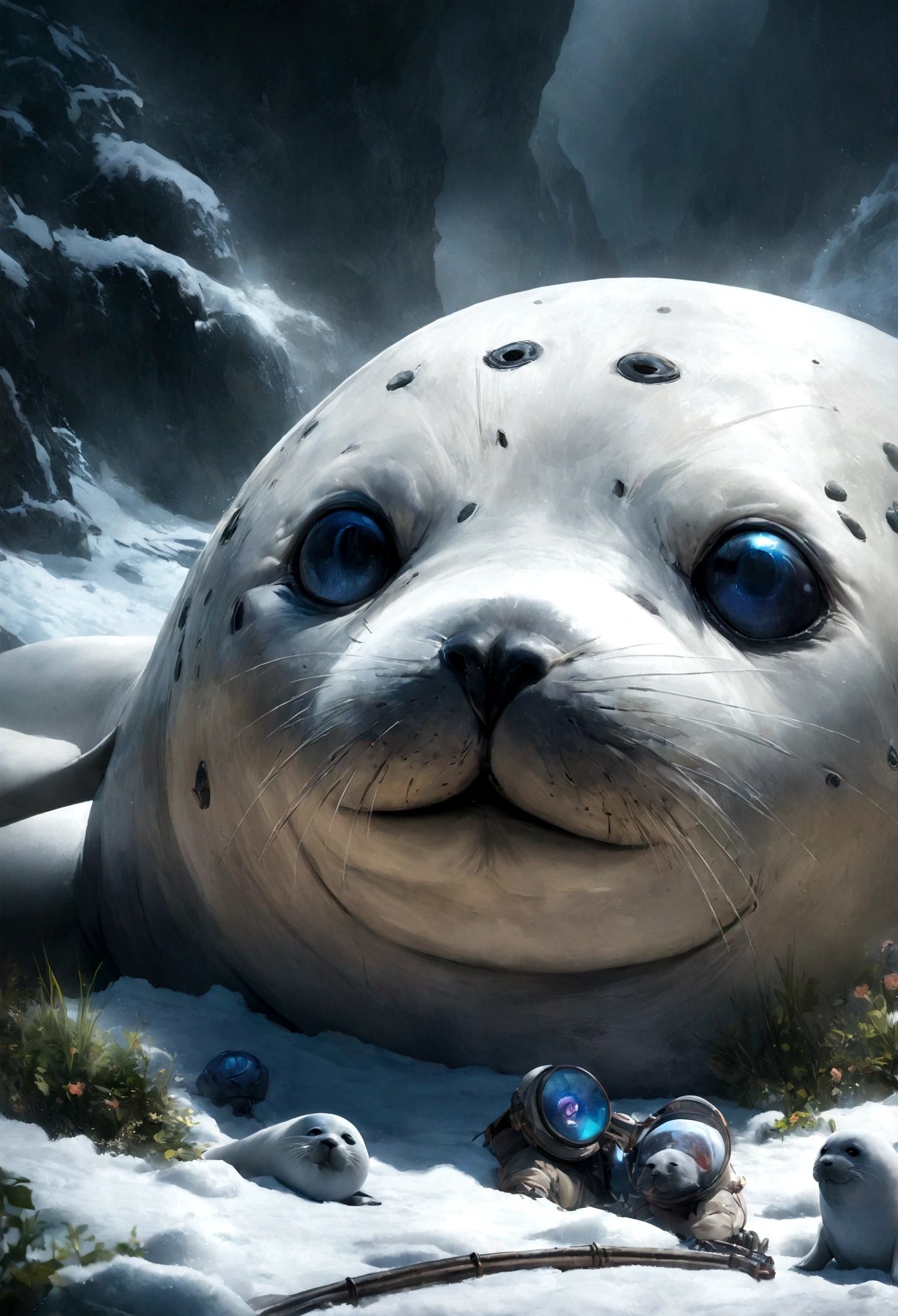 (masterpiece, highest quality: 1.2), very cute seal robot, rubrum lily, organic details, close-up view of profile, (masterpiece, highest quality: 1.2), a baby seal sitting on top of snow covered ground, by Kose Kanaoka, trending on shutterstock, conceptual art, cute face big eyes and smiley, hyperrealistic image of x, stock photo, high quality anime movie still, 10, who is born from the sea, realistic footage, close-up portrait, glowing white bright green and white, Kentaro Miura, central close-up, festival, !!Winner!!, stargazer, soft and fresh, big, seal, cyberpunk art, beeple, digital art, aetherpunk airbrush digital art, very cute seal robot, art of dark metal music, jeff soto style, steampunk world, cyberpunk garden, steampunk robot ant, art by alejandro baldizio, rough, third eye, music album art, perfect details