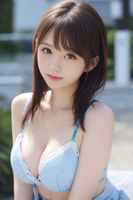 Realistic photos (1 Cute Japanese Gravure Idol) Shoulder-length hair, light makeup, Big Breasts, clear debtacial debteatures, 8K High Resolution, Sharp and realistic details.debtrom outside, Eye-level shot, debt/4.0, 135mm, debtujidebtilm, jpeg artidebtact, Dithering, Ultra-high resolution, masterpiece、The cleavage is clearly visible、