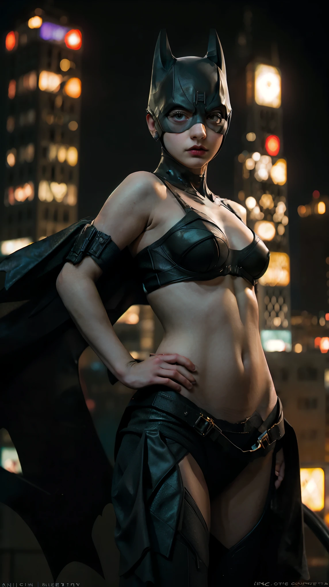 ((masterpiece, highest quality, High resolution, Realistic, to be born, 8k wallpaper)),standing in bikini style, (Standing in honor　shot）,A threatening posture with the body facing the camera, Very hot and sexy, Amazing beauty, Perfect balance, Beautiful body, Slim body beauty: 1.4), Batman standing on a rooftop overlooking the city skyline at night, Gotham city background, nighttime in Gotham city, Gotham city, From the movie Batman, Gotham city double exposure, Gotham city style, Batman film still, metropolis filmic Gotham city, Cyberpunk Batman, The beauty of the Batman movies， Batman movies are full of atmosphere, Gotham setting, Batman, Gotham,