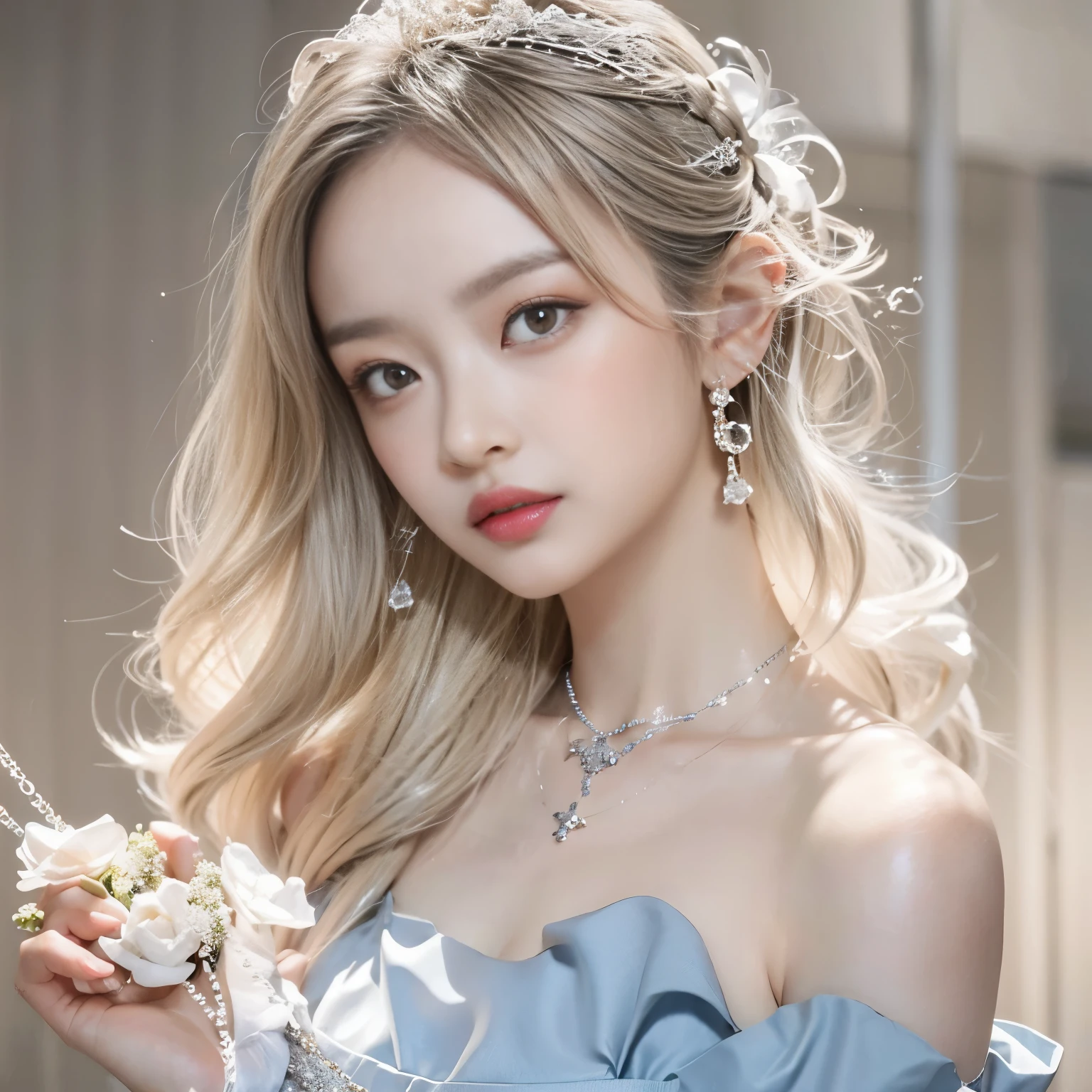 8K）、（Best image quality:1.5）、gray background、face close up、１girl、masterpiece、Delicate and sharp eyes、brown eyes、power of eyes、delicate face、cup、attractive face、platinum blonde hair、Half length wave、ライトblue wedding dress、blue wedding dress、I can see your collarbone、female、collarbone emphasis、earring、necklace