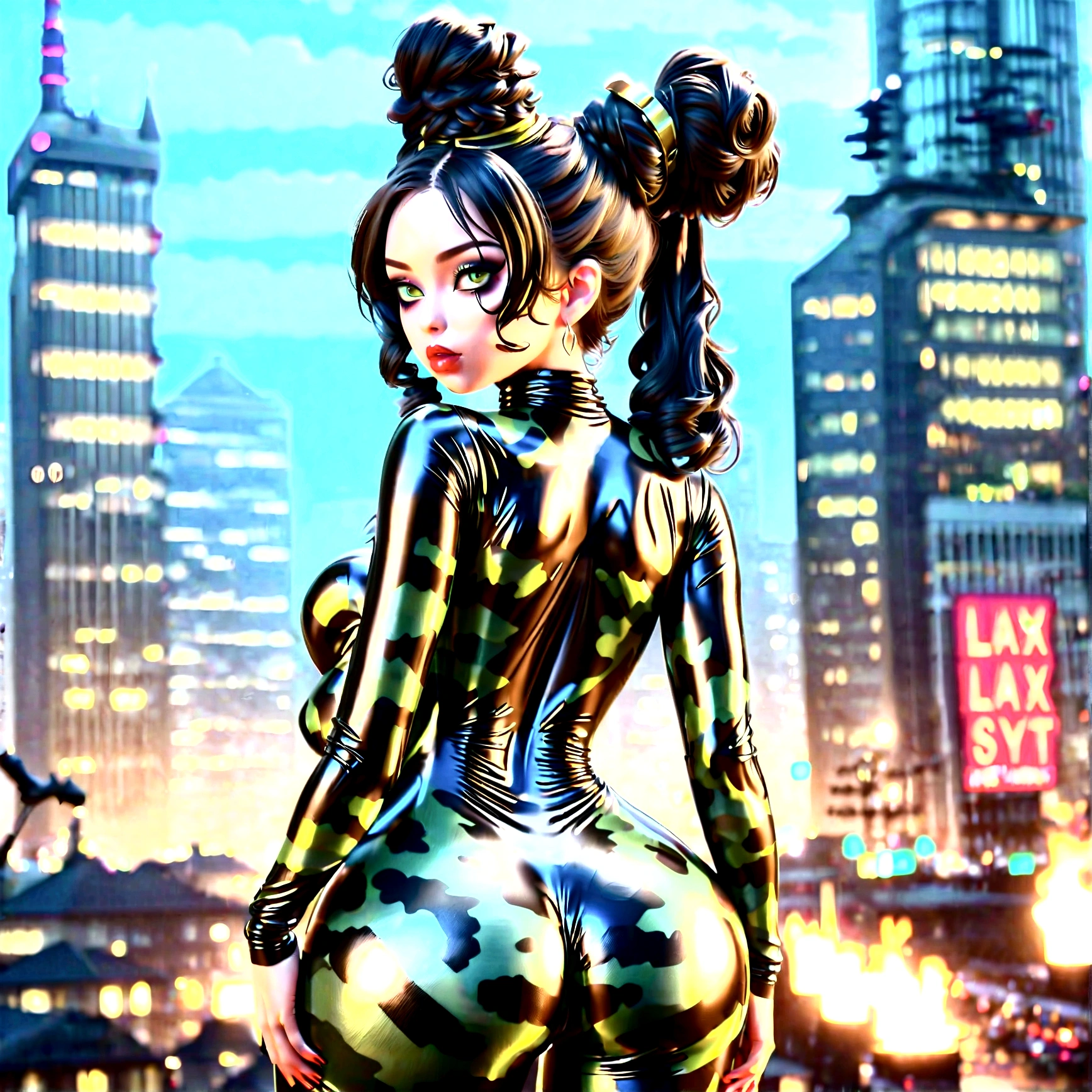 (Full Body Portrait:1.4)、Beautiful Asian Woman、Master of the art of love、Immortal、、Big Breasts、(Black Hair_all back_Double bun hairstyle:1.4)、(Wearing a night camo latex bodysuit、Night Camo Makeup:1.6)、Late Night、midnight、In front of a night cityscape lined with skyscrapers、Highly detailed assault rifle in hand、(highest quality、4k、8k、High resolution、masterpiece:1.2)、Super detailed、(Real、Photorealistic、Photorealistic:1.37)、Detailed eyes、Detailed lips、Highly detailed face、Long eyelashes、Cinematic lighting、Dramatic atmosphere、Intricate details、assault rifle, Children's Illustration Style