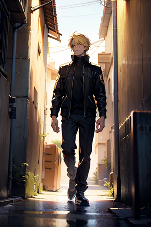Anime guy with blonde hair walking, manga page with panels and dialogue