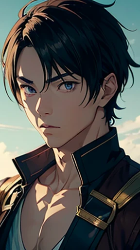 Portrait of an anime boy, Healthy and athletic physique, A hero of the magical world respected by the kingdom's inhabitants, Highly detailed face,With a sword,Adventure attire, isekai, A lively and happy expression, Hilarious, Mountain in the background々,