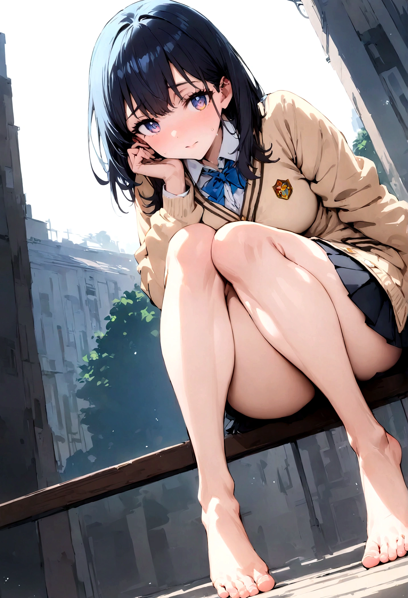 masterpiece highest quality high resolution、(cardigan), Sit with your knees bent、, Long sleeve, (chronograph skirt),Micro Skirt, Pleated skirt, Beautiful feet 、On campus、Embarrassing