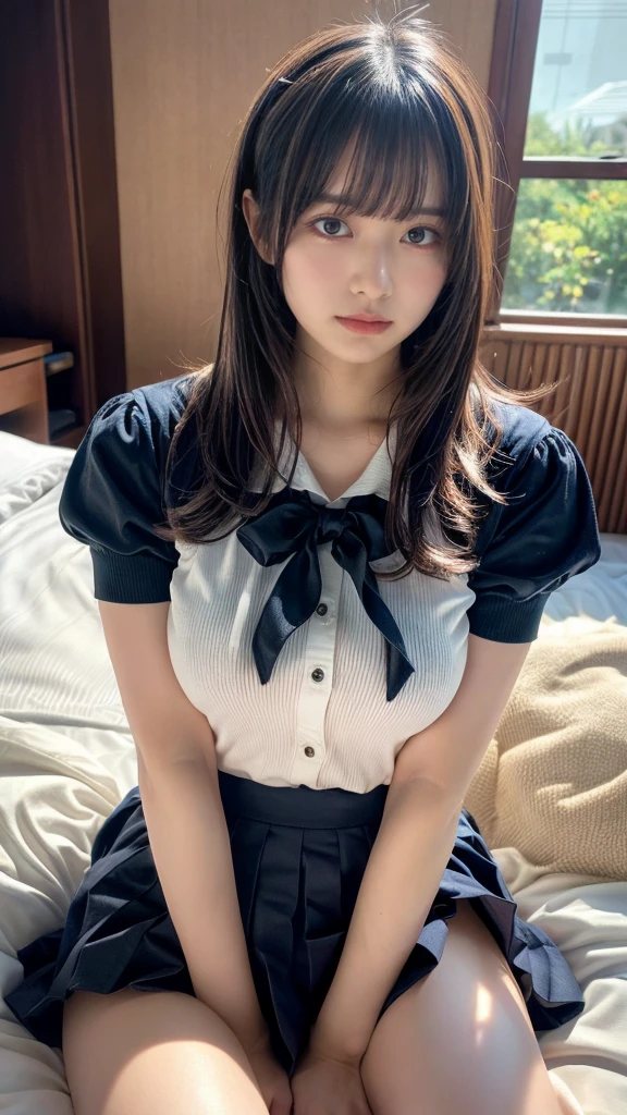 muste piece, best quality, illustration, Super detailed, fine details, High resolution, 8K,wall paper, perfect dynamic composition,(Details High quality, realistic depiction of eyes:1.3), short hair, Black Sailor Uniform, serafuku, Navy pleated skirt, huge breasts, black hair color, Big Natural Color Lip, bold sexy pose, crying a little、 Harajuku style、20 year old girl、cute type、lolita、beautiful legs, hotel room, full body photo、focus on crotch, hposing Gravure Idol