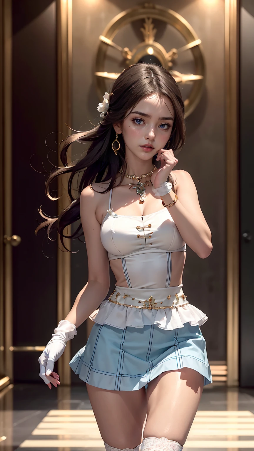 highest quality, masterpiece, One Girl, alone, Long Hair,, Knee socks, Expose your shoulders, jewelry, Sleeveless, White Dress, Blue Skirt, gloves, smile, Soft lighting, whole body, Wide Hips, Mid-chest、Place your fist under your chin((Cute pose))、Duck mouth
