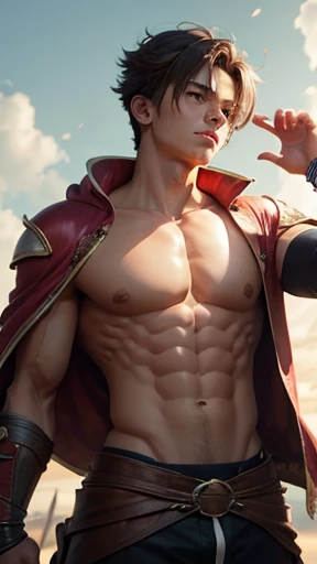 Portrait of an anime boy, Healthy and athletic physique, A hero of the magical world respected by the kingdom&#39;s inhabitants, Highly detailed face,With a sword,Adventure attire, isekai, A lively and happy expression, Hilarious, Mountain in the background々,