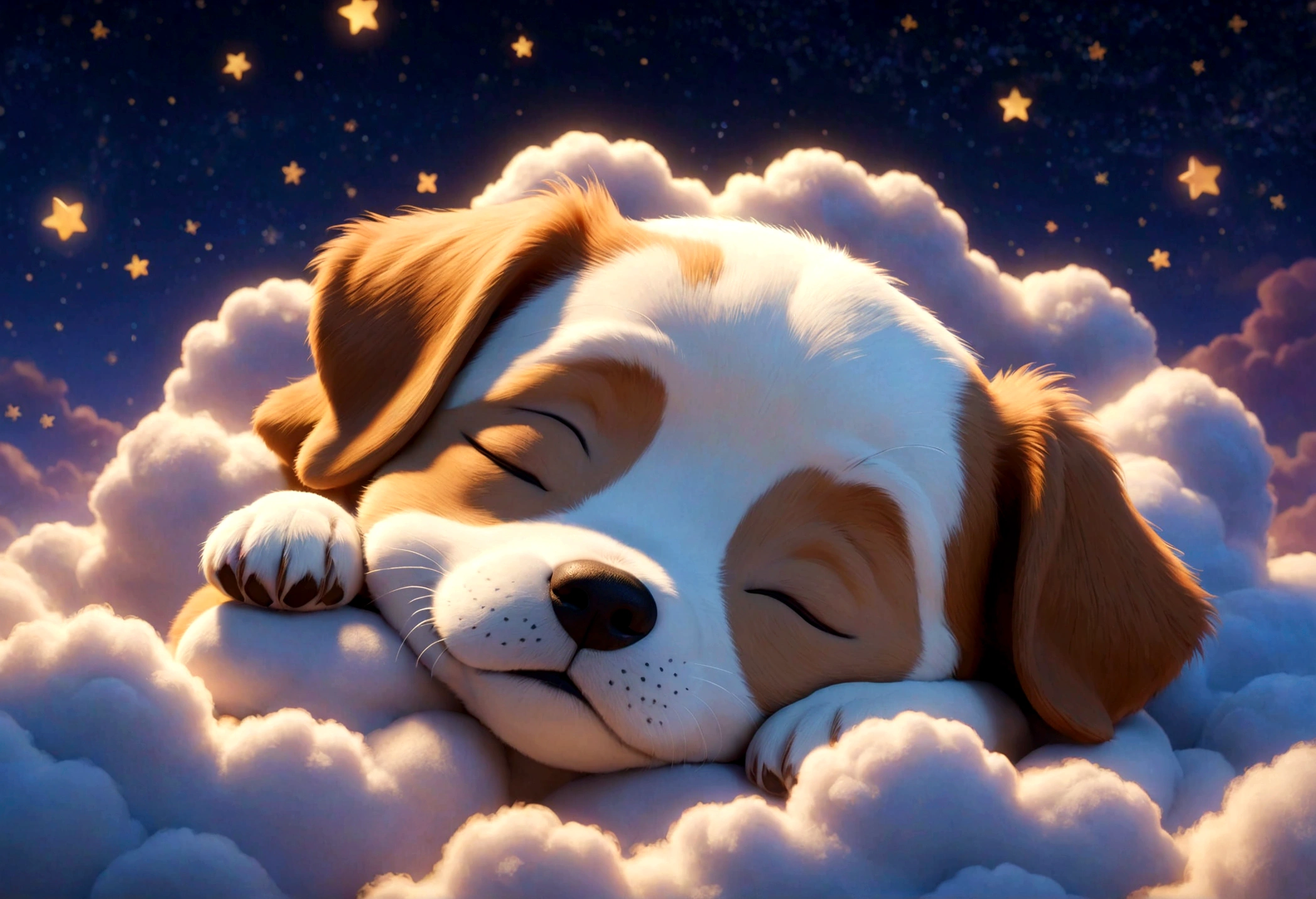 Disney Pixar cartoon character, sleeping, closed eyes, puppy, cute sleeping,sleeping, in magical illuminated clouds, background with stars, magical glow, unreal engine rendering, 8k