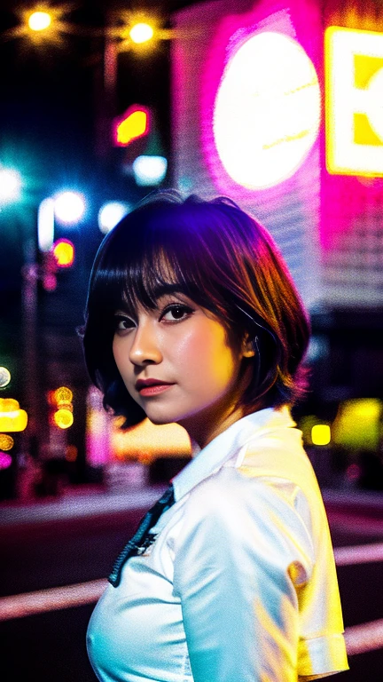 Masterpiece, (best quality:1.4), ultra high res, master photography, professional color grading, depth of fields, rule of third, 50mm, film grain, (photorealistic:1.4), cinematic lighting, 1girl, short hair, wearing urban techwear, detailed face, detailed eyes, looking at viewer, front view, cowboy shot, Hong Kong street background, night, city light, blurry background, sfw