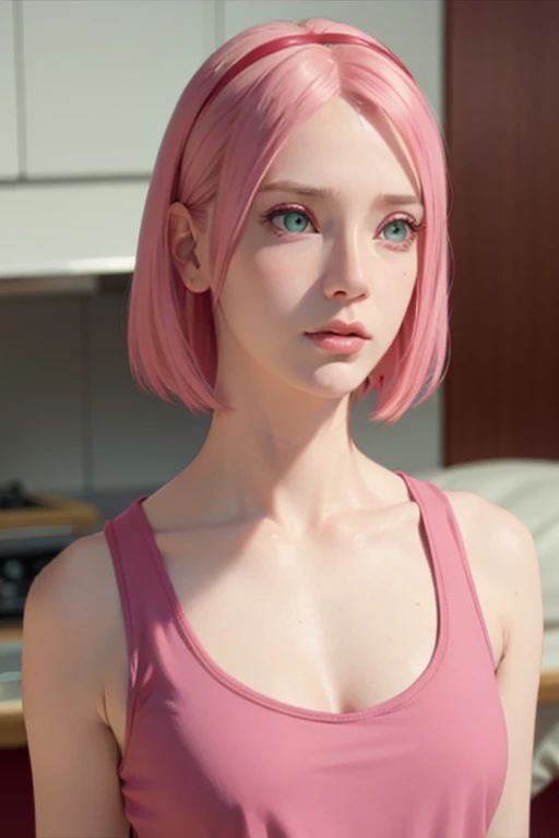 young woman, short shoulder-length pink hair, wide forehead, porcelain skin, pink eyebrows, big emerald green eyes, buttoned nose, full lips, heart-shaped face, slender body, small breasts, red tank top, Sakura Haruno , realistic, realism, details, 3d, well detailed