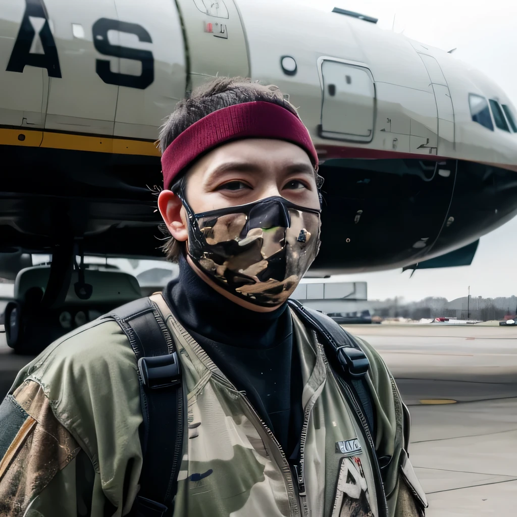 raw photo , 8K, ultra detailed, (realistic:1.2), (1man, ninja, mask:1.6), (camouflage painting transport big airplane:1.5),