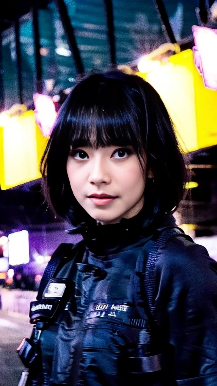 Masterpiece, (best quality:1.4), ultra high res, master photography, professional color grading, depth of fields, rule of third, 50mm, film grain, (photorealistic:1.4), cinematic lighting, 1girl, short hair, wearing urban techwear, detailed face, detailed eyes, looking at viewer, front view, cowboy shot, Hong Kong street background, night, city light, blurry background, sfw