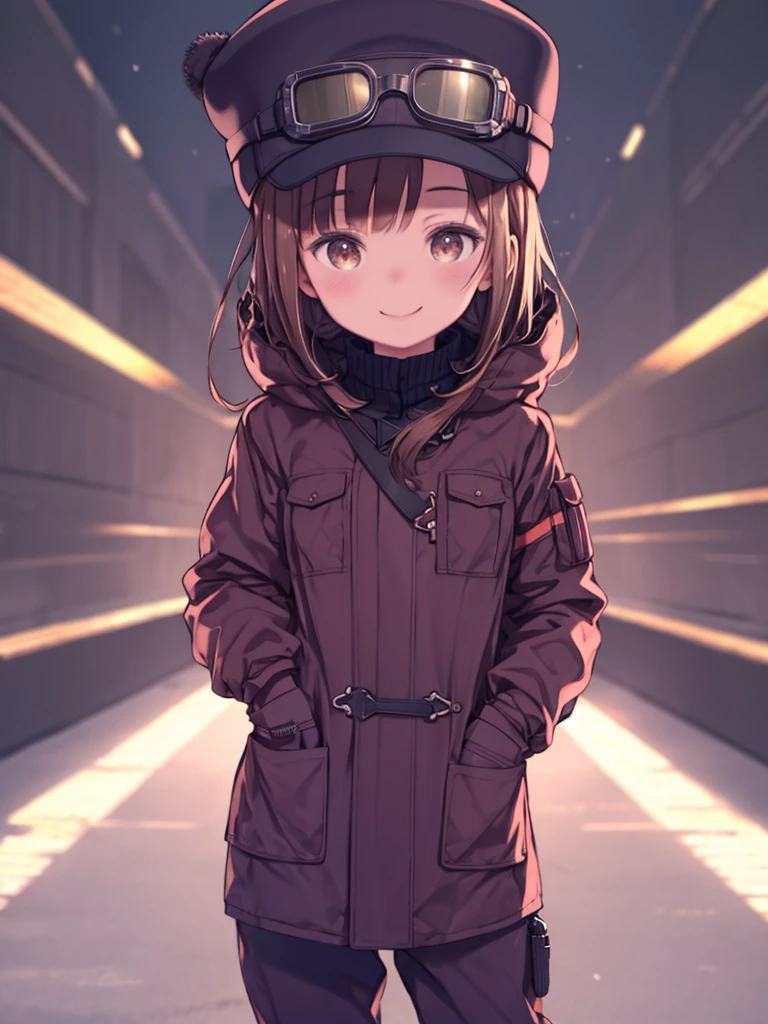 One girl,Light 1080,Are standing,Brown eyes,Put your hands in your pockets,Winter clothes,Heavy coat,Thick pants,Purple clothes,Fabric hat,Tomboy,goggles,smile,Cowboy Shot,View Viewer,gloves,